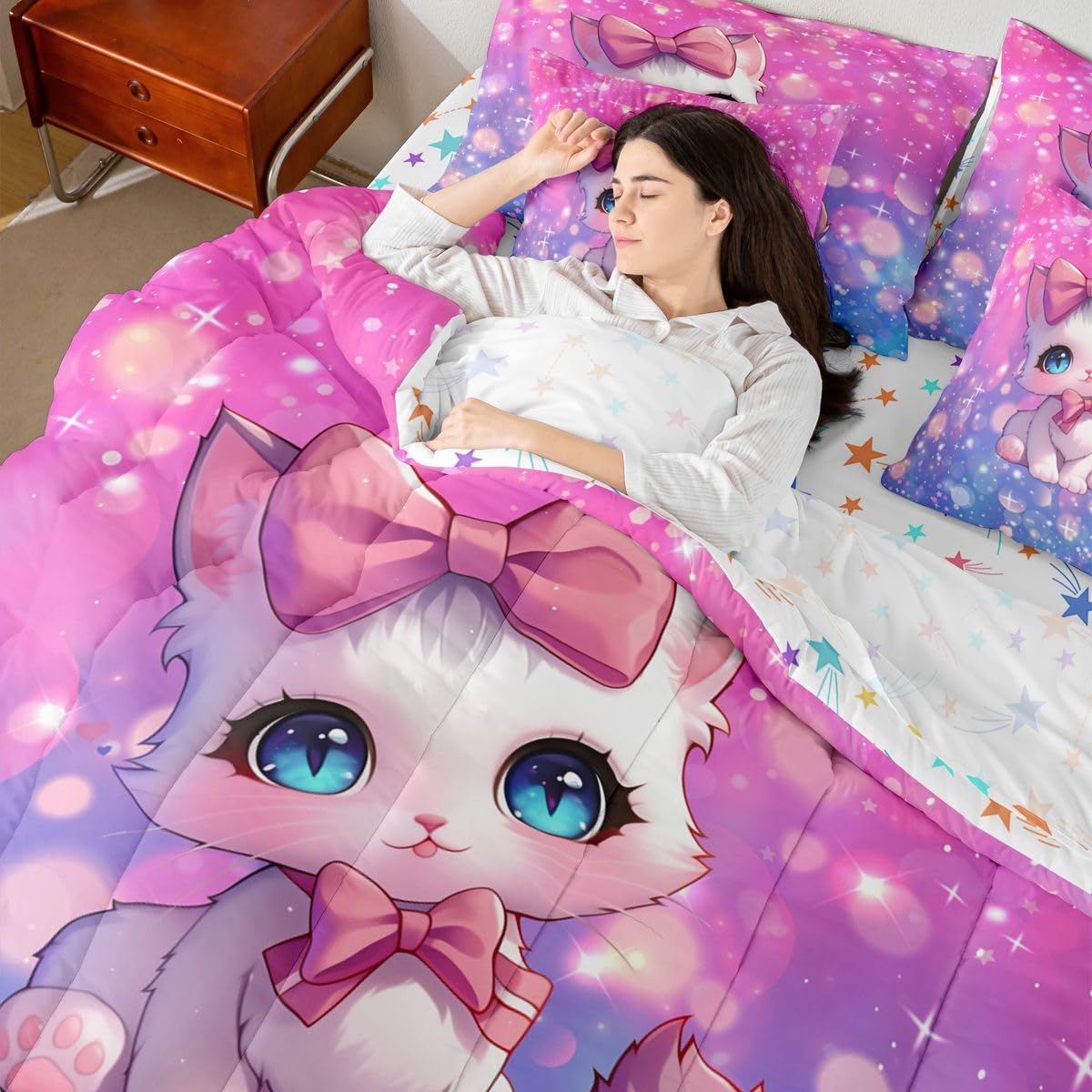 Feelyou Cat Twin Comforter Set with Sheets for Kids Boys Girls Cute Kitten 7 Pieces Bedding Set Cute Animal Bed in a Bag Cat Lover's Gift Room Decor Soft Lightweight Microfiber
