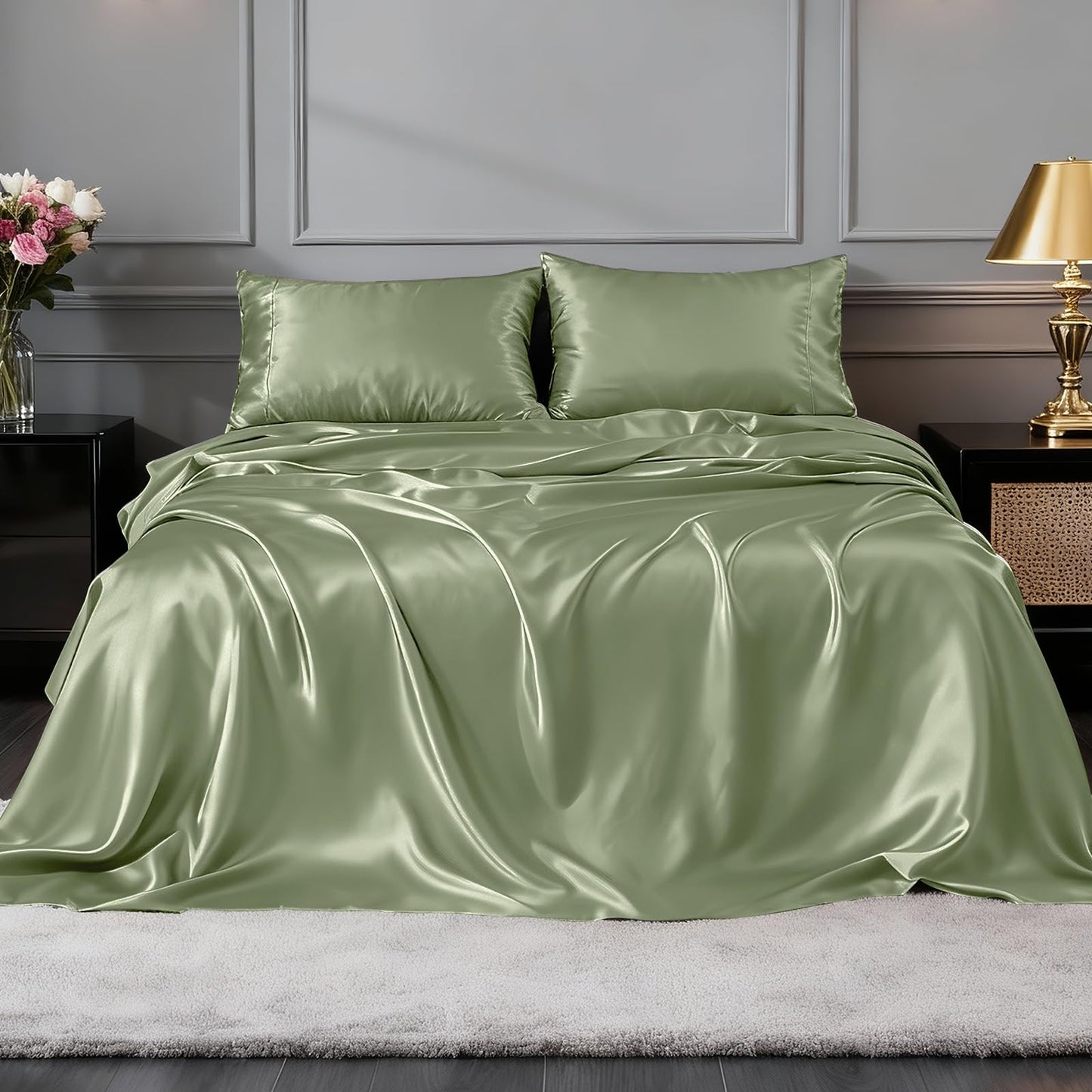 FreshCulture Satin Sheets Full Size - 4 Piece Luxury Soft Silky Full Size Bed Sheets, Similar to Silk Bed Sheet Set with 1 Deep Pocket Fitted Sheet, 1 Flat Sheet & 2 Pillowcases (Sage Green)