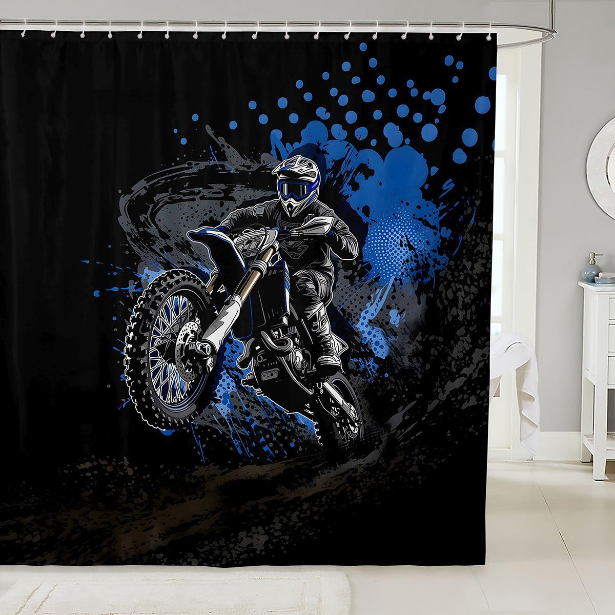 Feelyou Dirt Bike Shower Curtain for Bathroom Decor Racing Motocross Bath Curtain for Stalls Bathtubs Extreme Sports Bathroom Accessories Waterproof Polyester Fabric with 12 Hooks 72"x78"