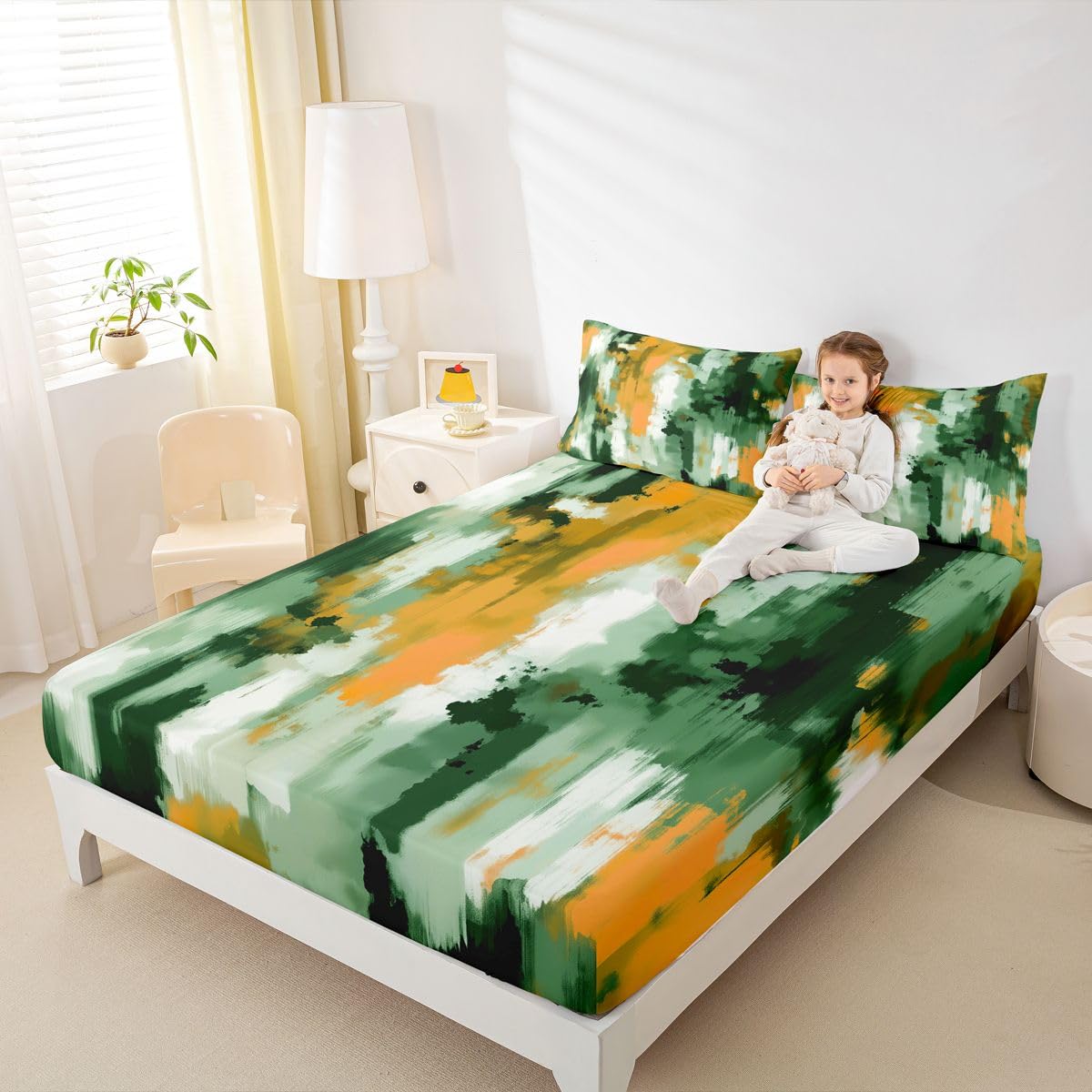 Feelyou Modern Abstract Fitted Sheet Queen Size for Kids Boys Girls Abstract Bed Sheets Set 16" Deep Pocket Soft Breathable Microfiber Green Yellow Bedding with 2 Pillowcases Room Decor