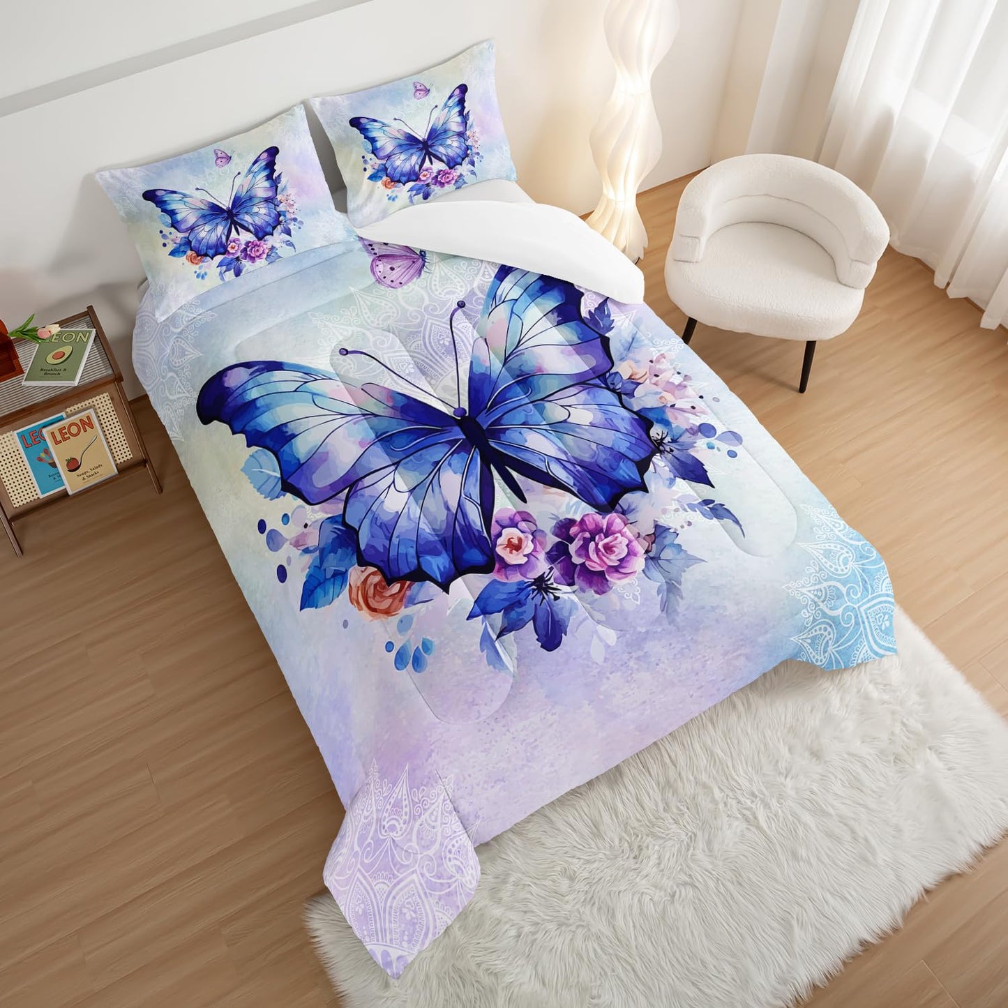 HOSIMA Floral Purple Butterfly Comforter-Soft Microfiber,Fantasy Butterfly Aesthetics Full Size Bed in a Bag for Kids Girls Teens Women,Mandala Preppy Bedding 3Piece with 2 Pillow Shams.