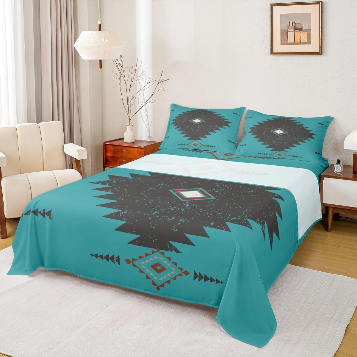 jejeloiu Southwest Aztec Bed Sheets Set Queen Size Native American Bed Set Geometric Deep Pocket Fitted Sheet Boho Breathable Soft Lightweight Microfiber