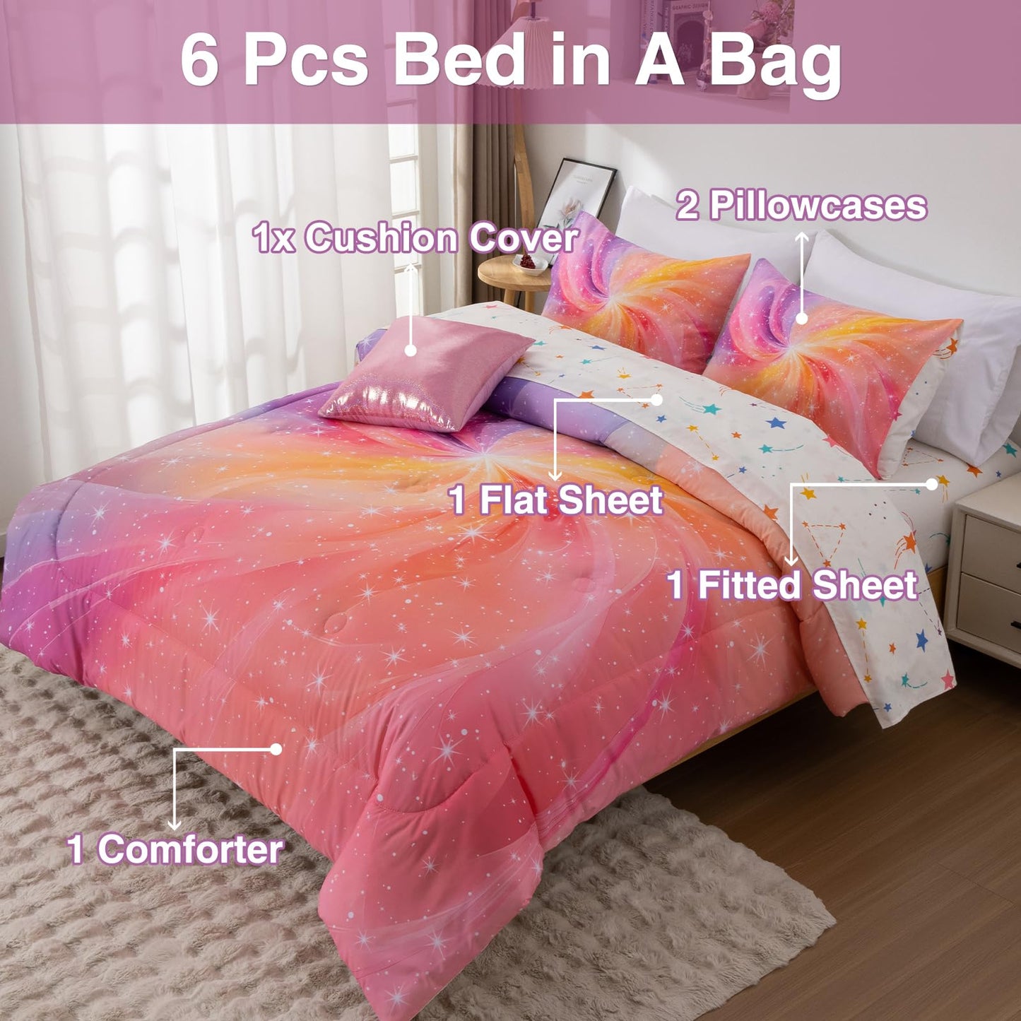 A Nice Night 6Pcs Twin Swirling Galaxy Dreamy Comforter Set, Colorful Rainbow Gradient Glitter Tie Dye Comforters, Ultra Soft Bedding Set (Purple-Pink, Twin 6Pcs)