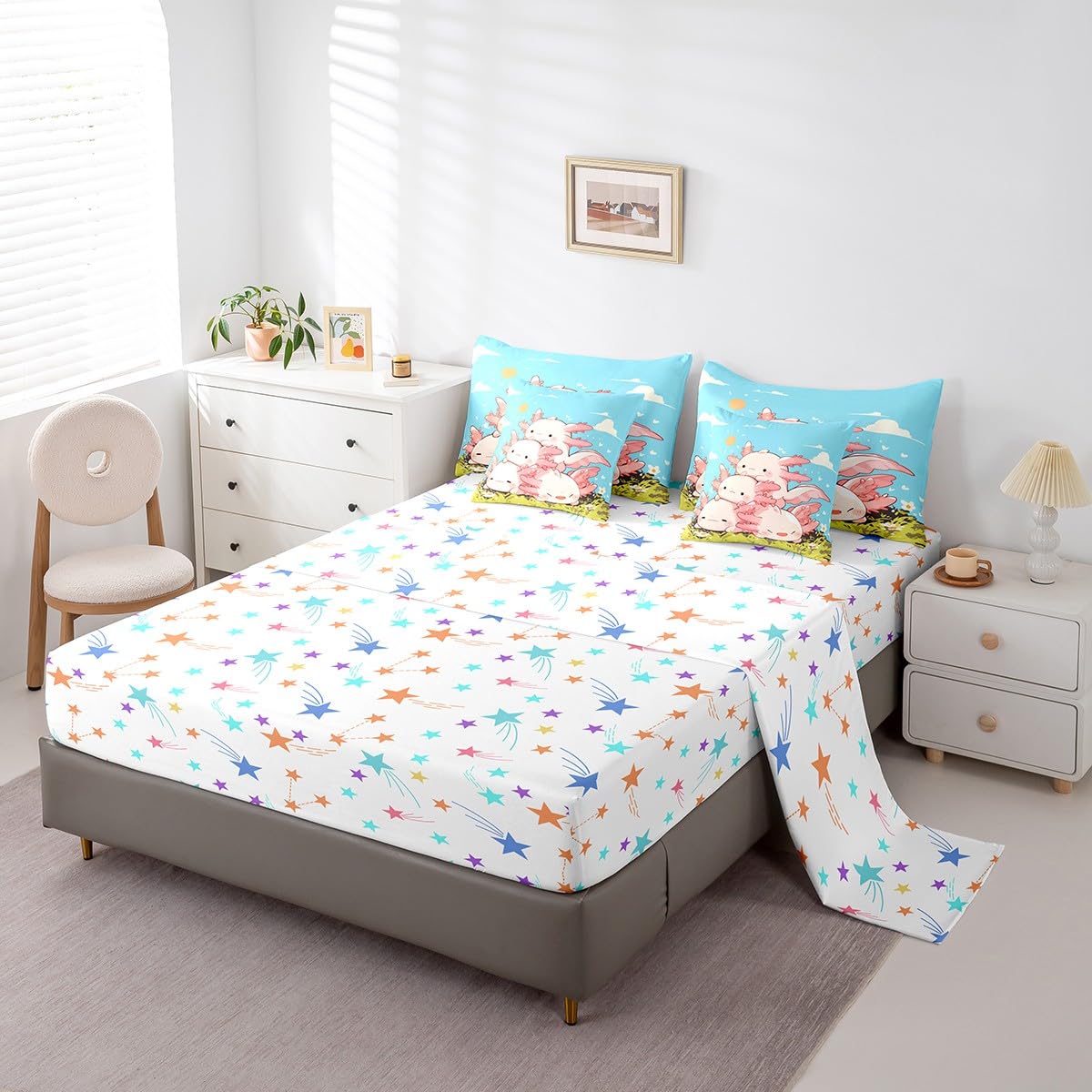 Feelyou Kids Cute Axolotl 7 Pieces Bedding Set Twin Size, Cartoon Salamander Bed in A Bag Ocean Sealife Comforter Set with Sheets Boys Girls Kawaii Animal Teens Bed Set Bedroom Decor 7Pcs