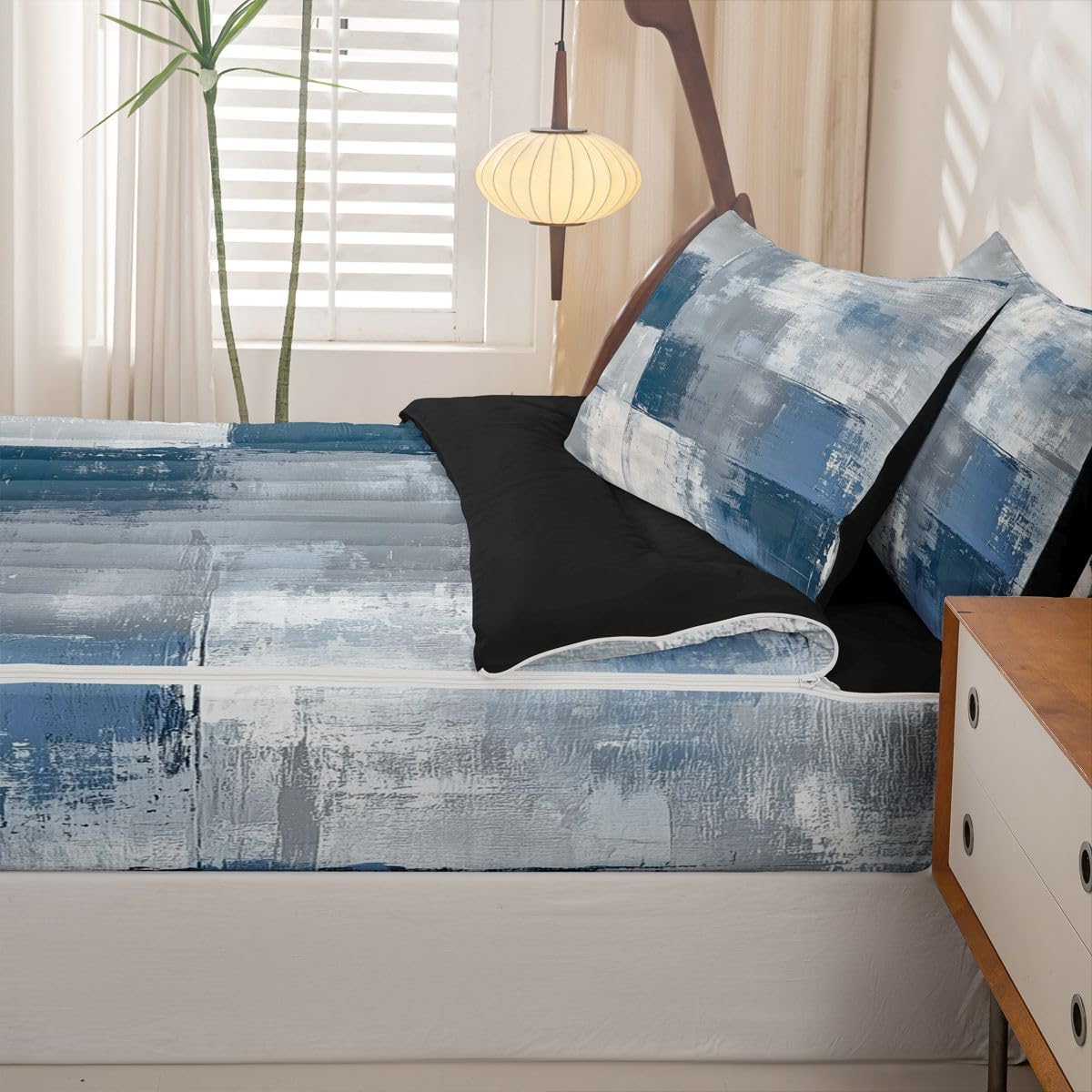 jejeloiu Blue Grey Abstract Comforter Set Twin Size Zipper Bedding Set for Girls Boys Modern Art Comforter with Fitted Sheet, Pillowcases Luxury Zipper Bedding Soft Breathable Bed in a Bag