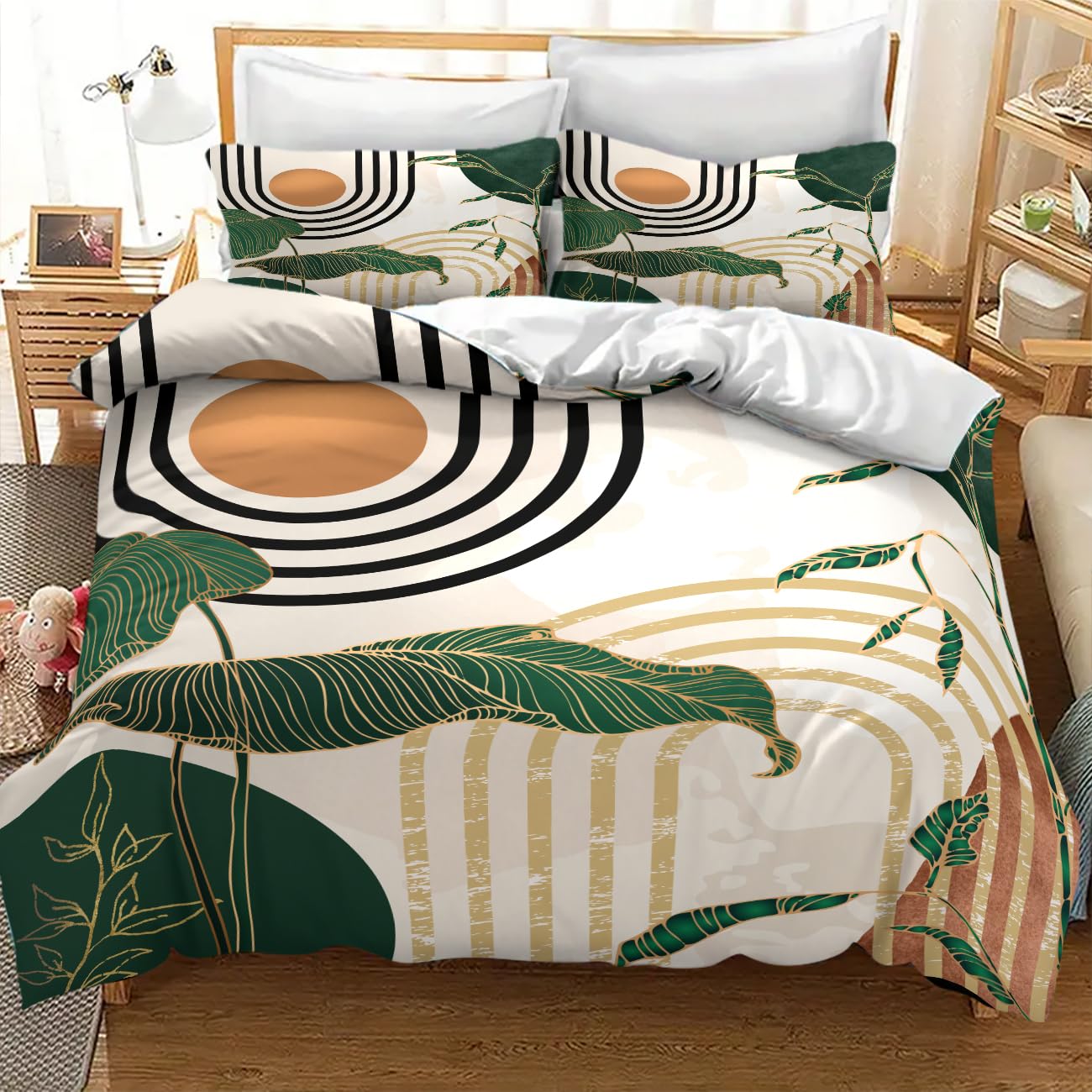 Lnepty Boho Leaf Bedding Set,Mid Century Green Tropical Plant Palm Leaves Abstract Minimalist Geometic Arch Modern Comforter Set with Pillowcase for Bedroom Bed Decor，Twin 86"x70"