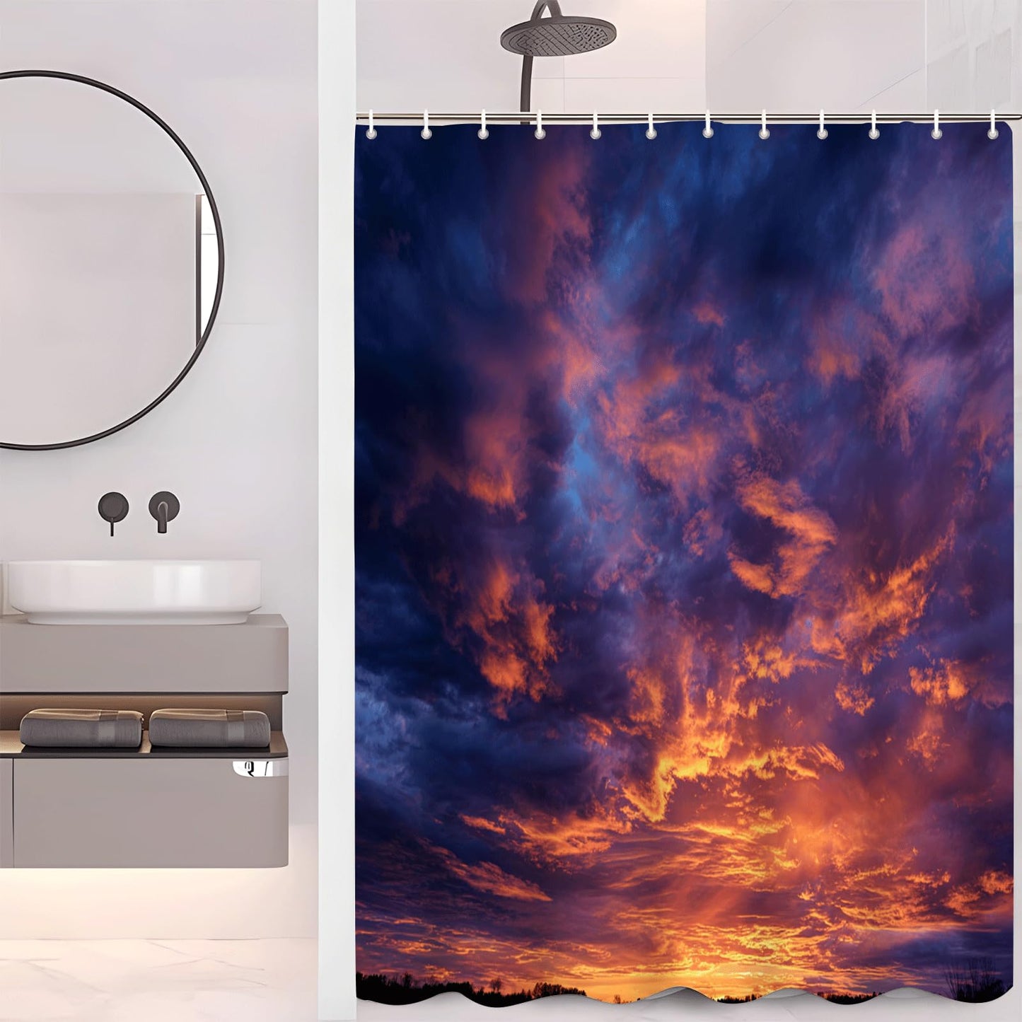 ZROLUW Orange Sky 3D Shower Curtains 72" W x 72" L Sunset Landscape Printed Waterproof Bathroom Curtain Fabric with Hook