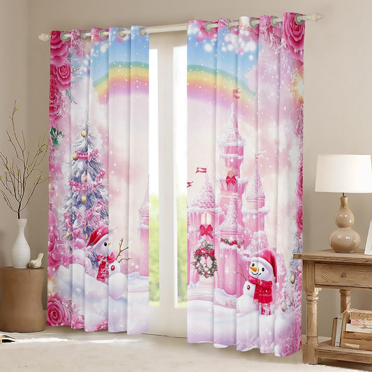 Feelyou Pink Christmas Curtains,Christmas Snowman Castle Window Curtains for Bedroom Living Room,Dreamy Princess Christmas Window Drapes,Xmas Christmas 30%-50% Blackout Curtains, 42W X 84L,2 Panels