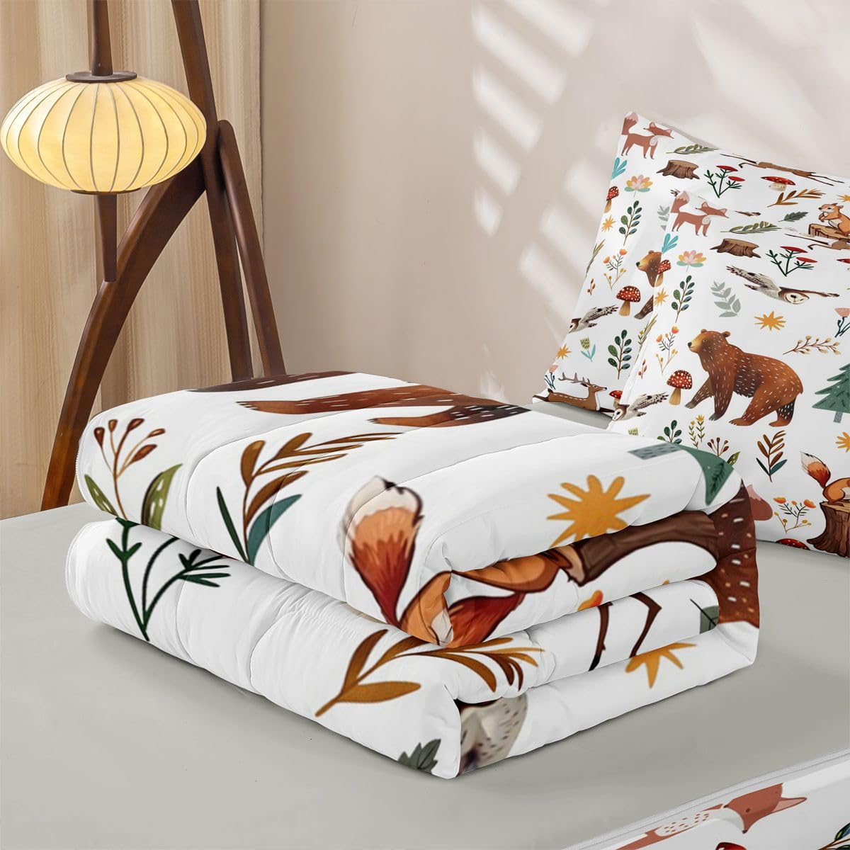 Erosebridal Woodland Animal Zip Up Comforter Set Bear Deer Forest Theme Twin Zipper Bedding Wildlife Hunting Theme Bed Set with Sheets Farmhouse Cabin Wildflower Mushroom Bed in a Bag Bedroom Decor