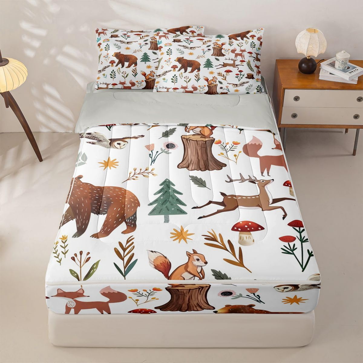Erosebridal Woodland Animal Zip Up Comforter Set Bear Deer Forest Theme Twin Zipper Bedding Wildlife Hunting Theme Bed Set with Sheets Farmhouse Cabin Wildflower Mushroom Bed in a Bag Bedroom Decor