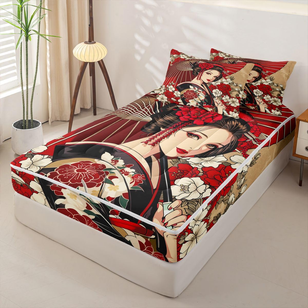 Erosebridal Geisha Kids Comforter Set with Zipper, Japanese Twin Size Zipper Bedding Set, Traditional Geisha Bed-in-A-Bag