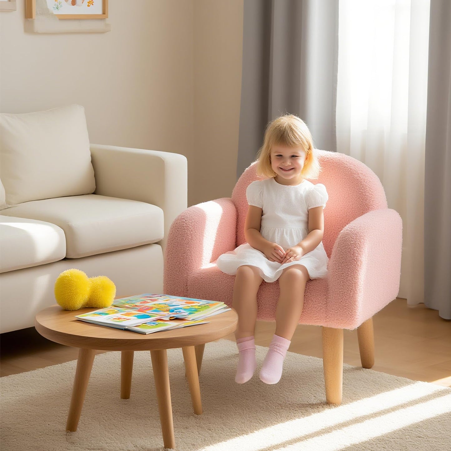 Costzon Kids Sofa, Children Pink Armchair with Solid Wood Frames, Plush Fabric, Anti-Tip Design, Floor Reading Sofa Chair for Playroom, Kids Room, Nursery, Toddler Couch Chair Comfy for Boys Girls