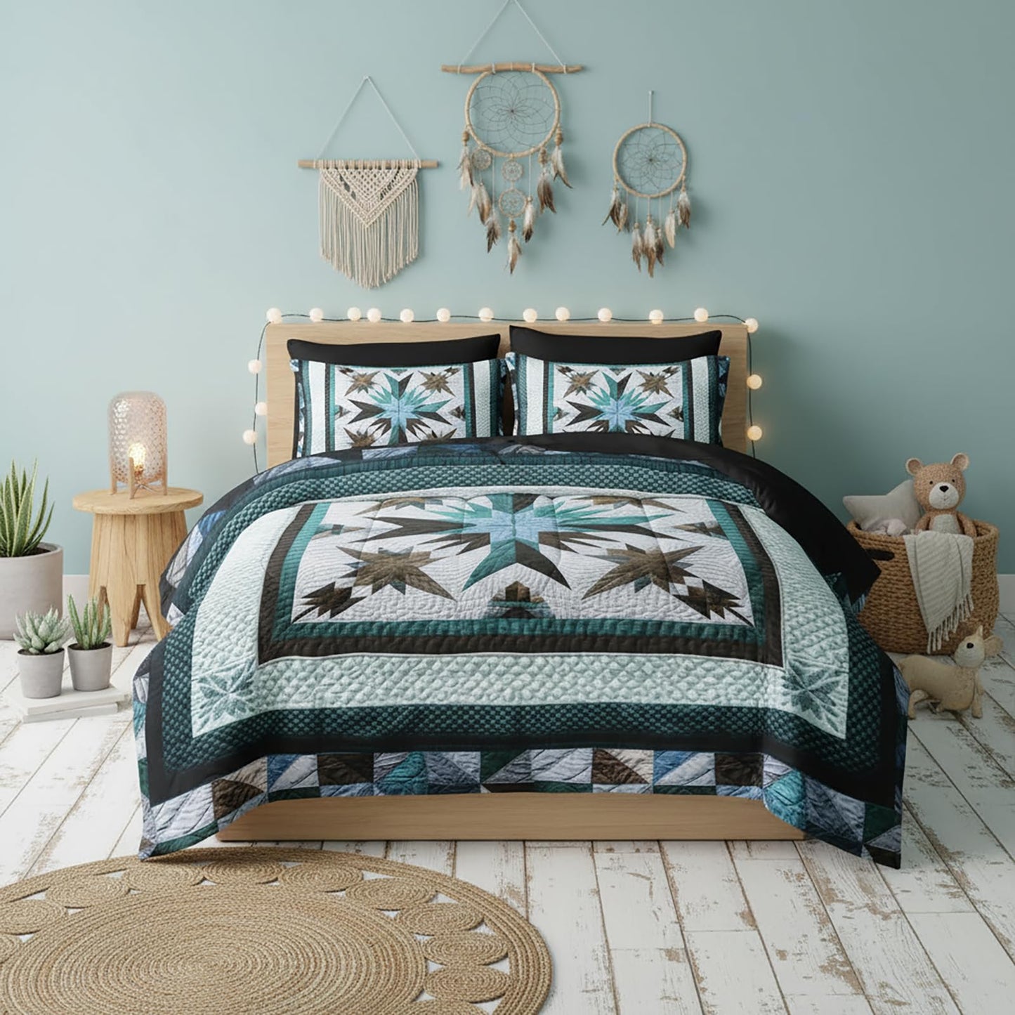 QOOMO Boho 7 Pieces Comforter Set Twin Size,Bohemia Bedding Set for Kids Teens Girls-Include 1 Comforter,1 Fitted Sheet,1 Flat Sheet,2 Printing Pillowcases and 2 Black Pillowcases