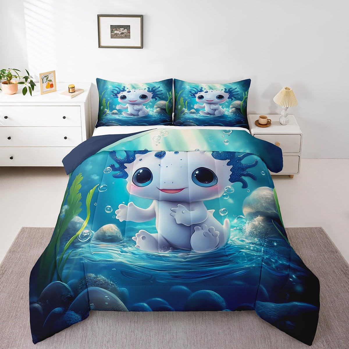 Feelyou Cute Axolotl Comforter Set Twin Size Kids Kawaii Ocean Sealife Bedding Set for Boys Teens Blue Cartoon Salamander Comforter Gift for Girls Women Duvet Set Sunshine Quilt Set