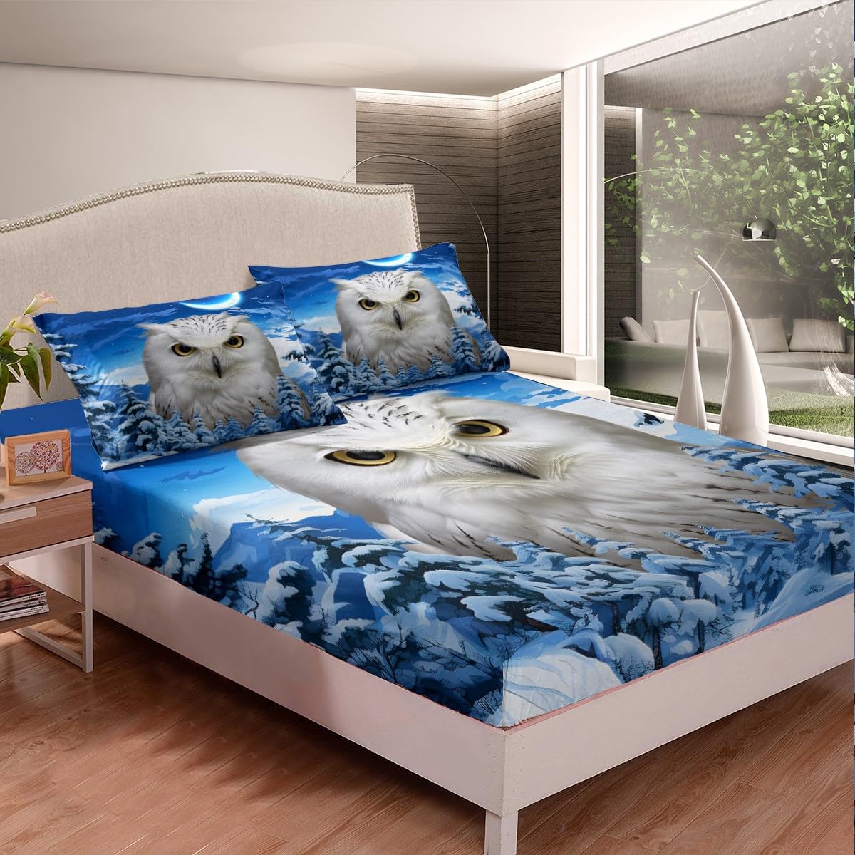 Cute Owl Bedding Set White Bird Bed Sheet Set for Kids Boys Girls Children Moon Stars Snow Trees Fitted Sheet 3D Wild Animal Printed Bed Cover No Flat Sheet Blue Room Decor Full Size 3Pcs