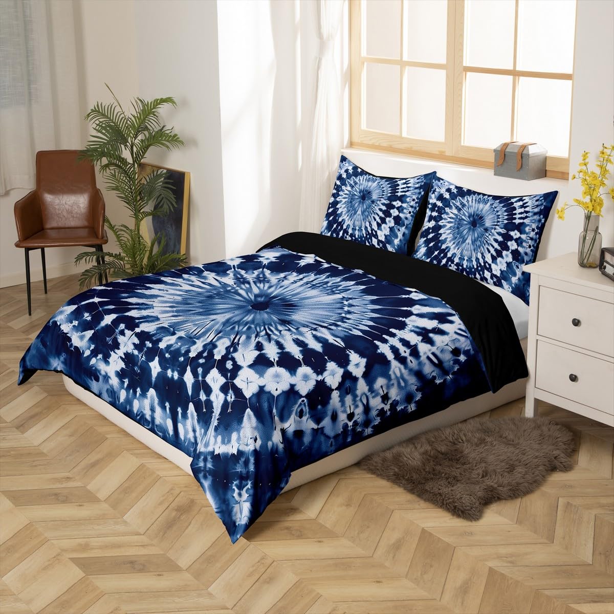 Erosebridal Tie Dye Comforter Cover Purple Spiral Swirl Duvet Cover Batik Gypsy Bedding Set Modern Abstract Pattern Quilt Cover, Navy Blue, Room Decorative 3 Pcs Queen Size, Lightweight