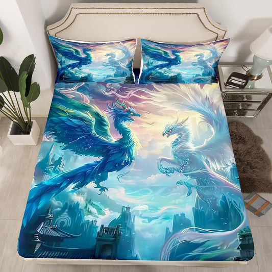 Black White Dragon Fitted Sheet Queen Size,Magical Sky and Mountain Scenery Bed Sheets for Kids Girls Boys Teens Room Decor,Wild Animals Bedding Set Watercolor Blue White Deep Pocket Sheet 3Pcs