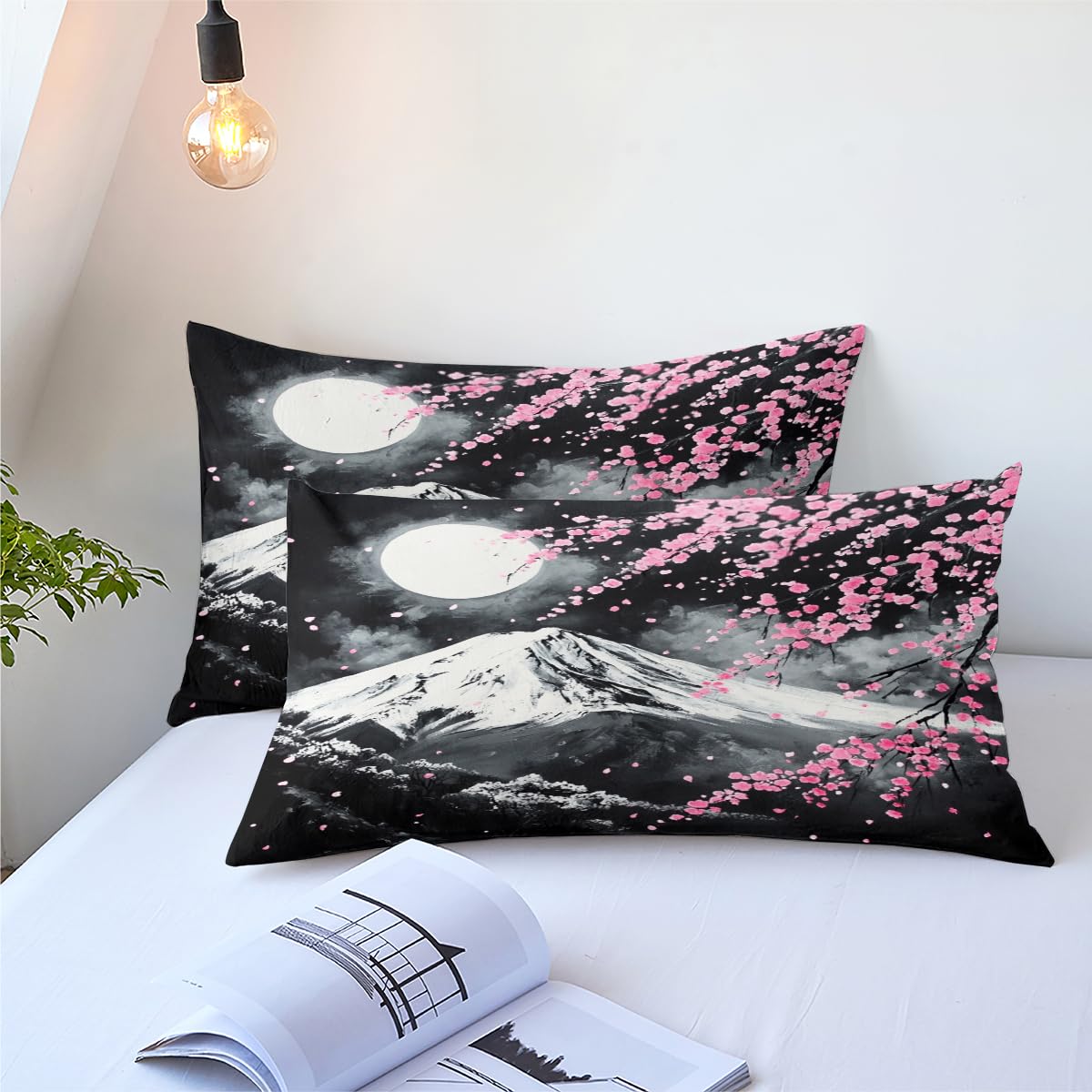 CCoutueChen Japanese Cherry Blossom Comforter Set Queen Grey Pink Floral Bedding Set for Japan Decor Mount Fuji Bedding Soft Lightweight Comforter Sets with 2 Pillowcases