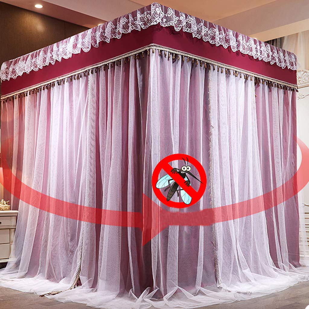 SCMTY Princess 4 Corner Post Bed Canopy & Cute Mosquito Net for Girls Bed Adult Bedroom Kids Rooms ; Curtain Net for Twin/Full/Queen/King Size Bed (Solid-Wine Red, Queen)