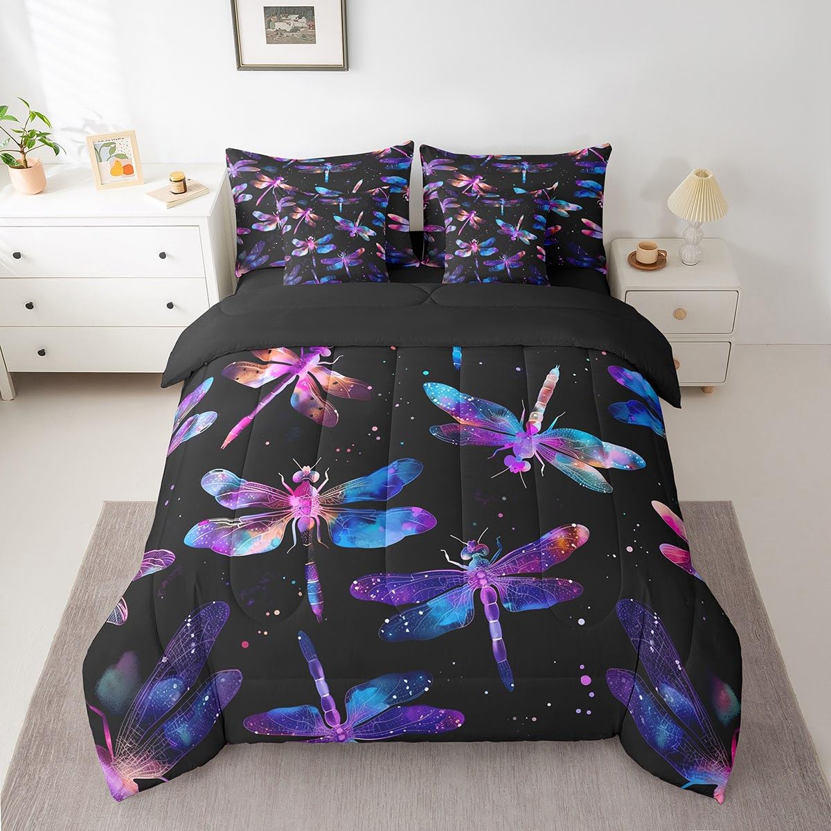 Erosebridal Gradient Dragonfly Comforter Set Queen,Gradient Aesthetic Animal Bedding Set 7Pcs for Girl Lady Women,Boho Dragonflies Quilt,Glitter Starry Sky Stars Bed in a Bag