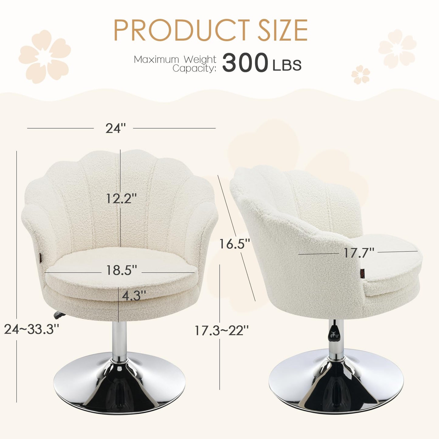 Furniliving Teddy Vanity Chair No Wheels, Modern Swivel Makeup Chair with Ergonomic Lotus-Shaped Backrest, Height Adjustable, Comfy Desk Chair for Dressing Room, Home Office, Bedroom, White