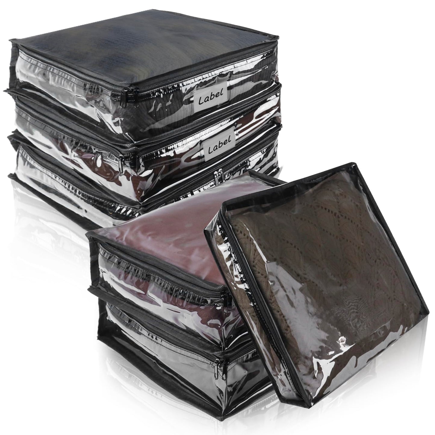 Heonay Clear Zippered Storage Bags Plastic Sweater Storage Bags with Zipper 6 Packs Clothing Organizer for Blankets Linen Sweater Bed Sheet Quilt Clothes Pillow (15.7 x 13.8 x 3.9 Inch, Black)