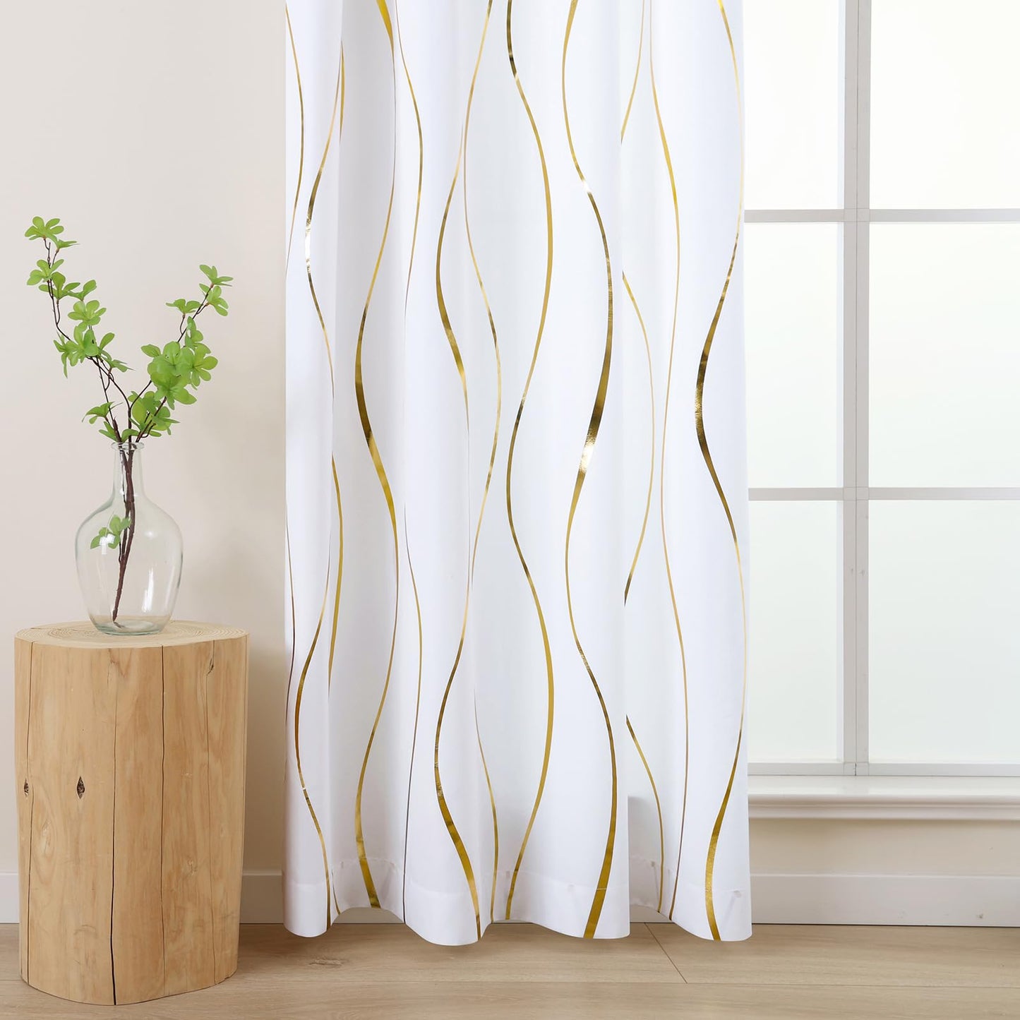 L.Z.E White Privacy Curtains 72 Inches Long 2 Panels Set, Light Filtering Non-See-Through Curtains & Drapes for Living Room Bedroom Nursery, Elegant Gold Wave Pattern Grommet Top Window Treatment