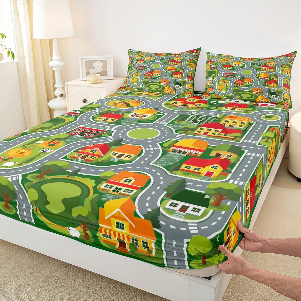 Manfei Village Town Map Fitted Sheet Set Cartoon Farm Street House Bedding Set for Kids Bedroom Educational Cute Car Road Bed Sheet Set 3pcs Deep Pocket Mattress Cover,No Top Flat Queen Gray Green