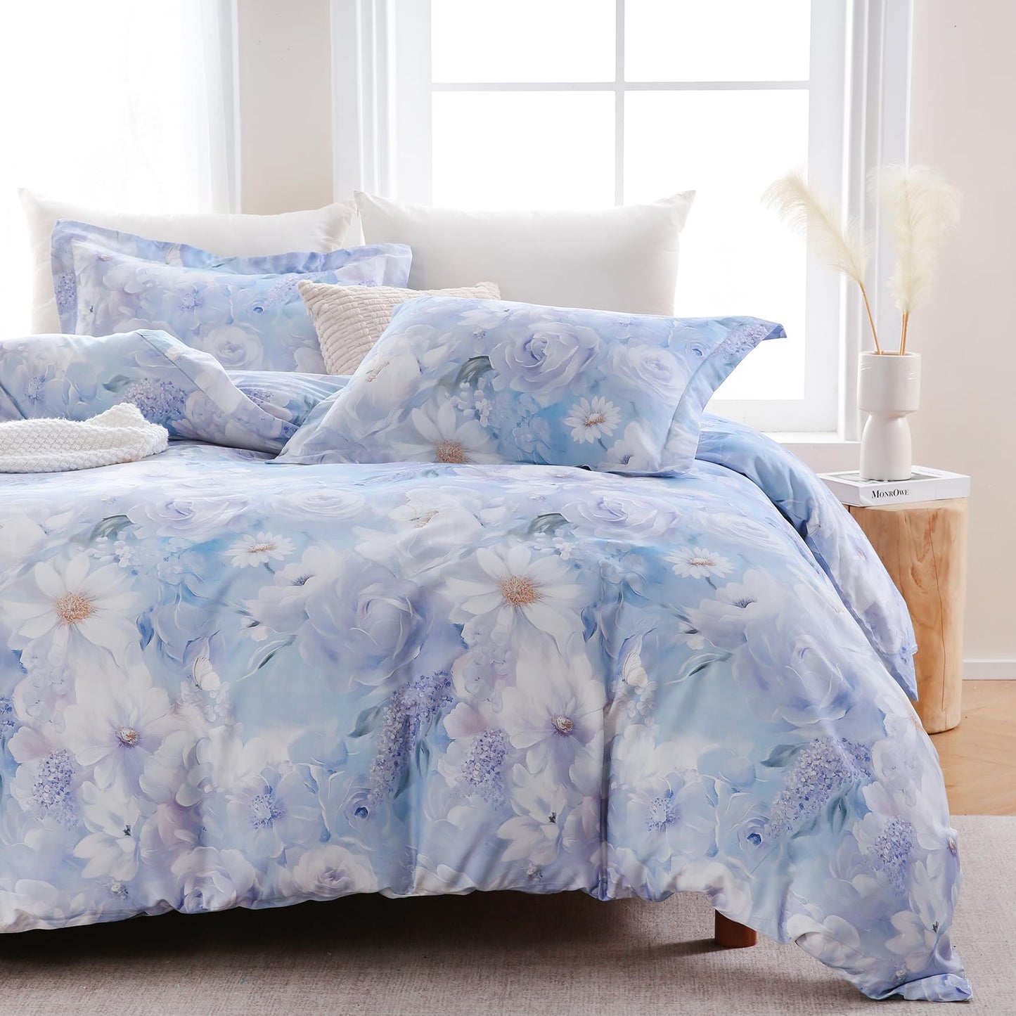Ocharo Floral 100% Cotton Duvet Cover King Size,Reversible Blue White Daisy Comforter Cover with Zipper Closure,Soft 3 Pieces Luxury Cotton Bedding Sets with 2 Pillow Shams (20"x36")