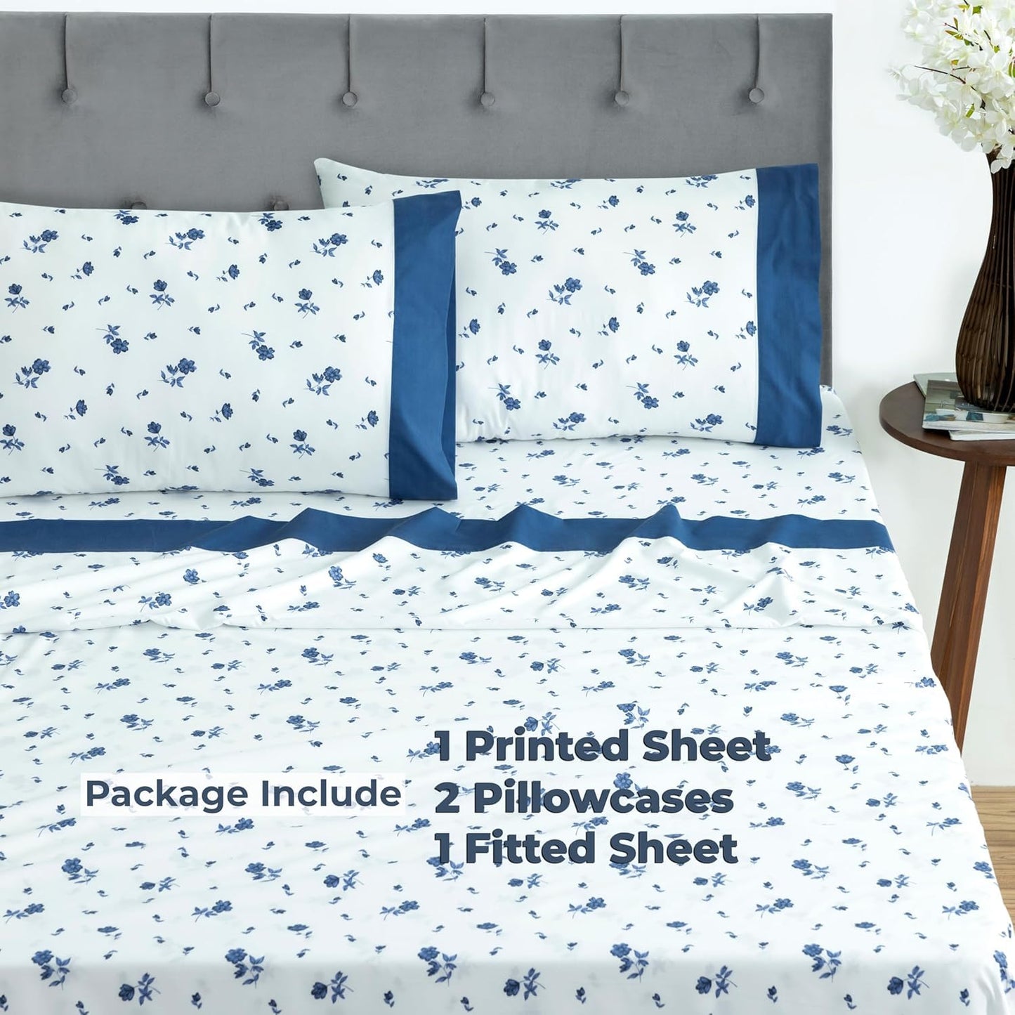 Dreamology Sheet Set Queen, 4 Pieces Microfiber Sheet Set, Printed Sheet Set with Solid Cuffed Detail,Includes 1 Flat Sheet,1 Deep Pocket Fitted Sheet and 2 Pillowcases,Queen Bed Sheets – Blue Floral