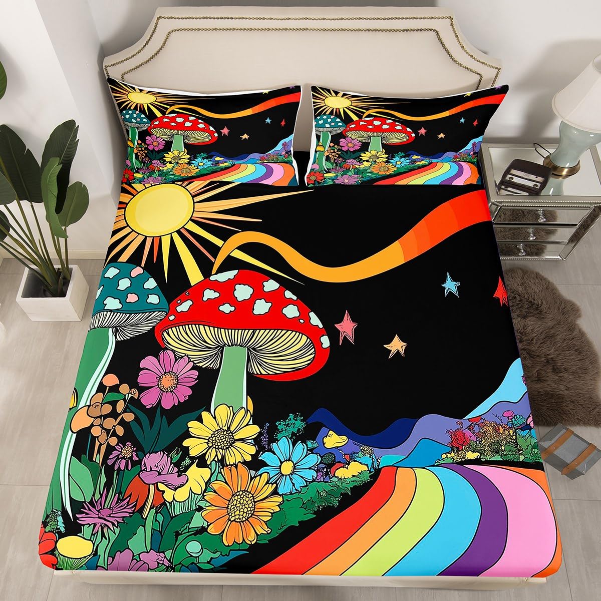 Erosebridal Trippy Mushroom Sheet & Pillowcase Sets Groovy Floral Bed Sheets Rainbow Striped Sheet Set Queen Hippie Boho Eye Sheets Starry Night Bedding 70s Theme Decor with 2 Pillowcase