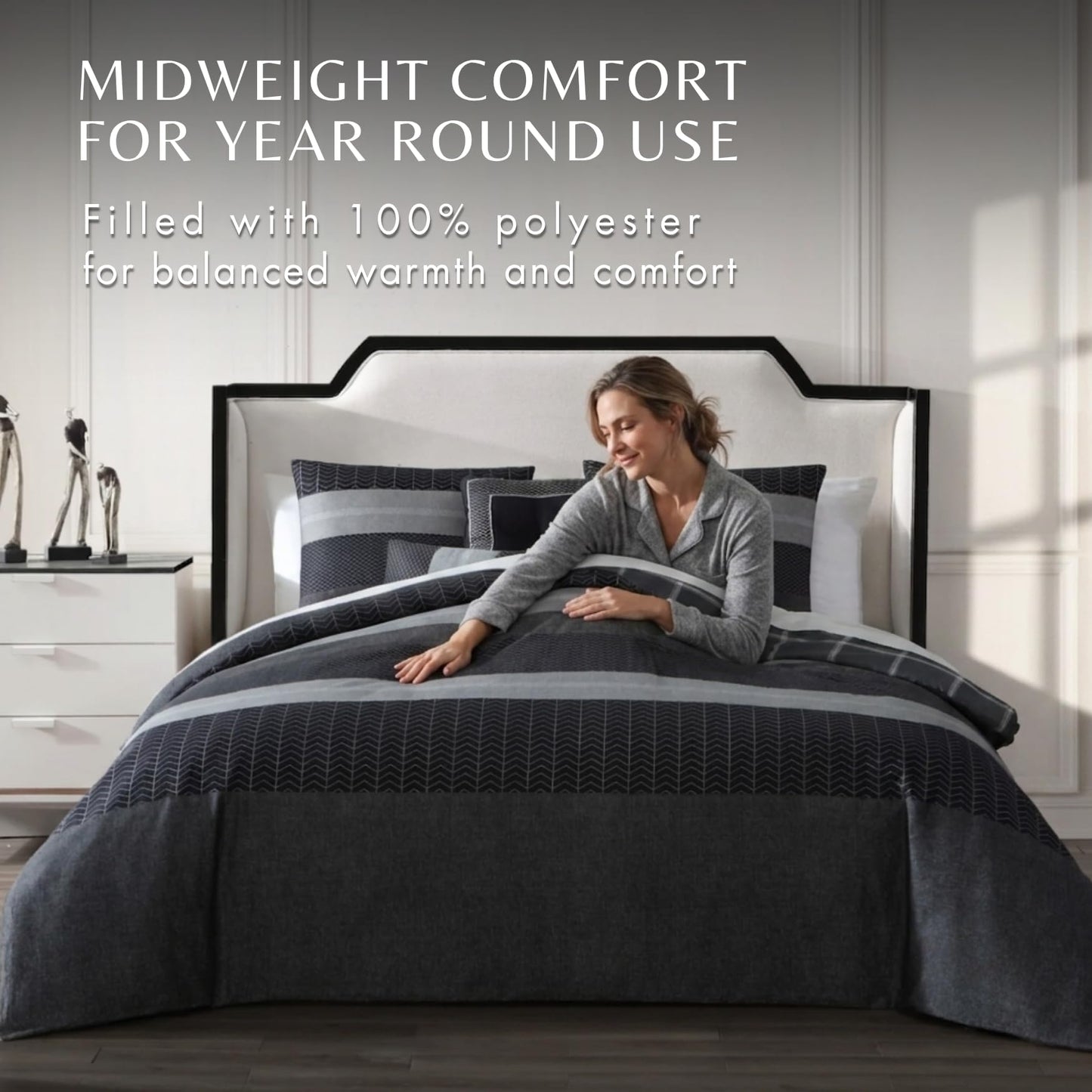 Bebejan Kyle 100% Cotton 5 Piece Comforter Set, Polyfill, Black, Gray Herringbone Tweed Printed Pattern, Reversible, 1 Comforter, 2 Shams, 2 Pillows (King/Cal King)
