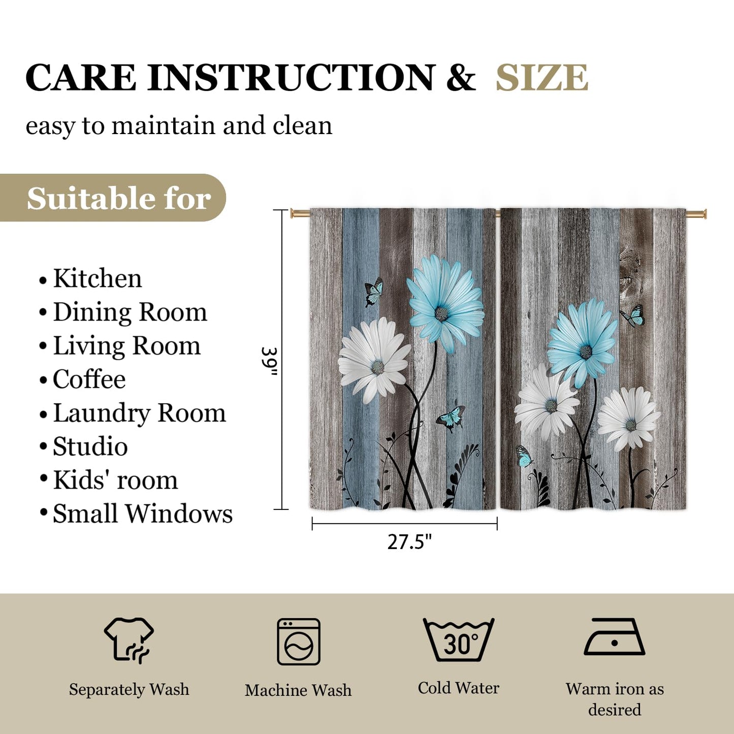 Cizuug Blue Farmhouse Daisy Kitchen Curtains Wooden Flower Small Short Cafe Window Curtains Rustic Floral Butterfly Country Bathroom Drapes Treatment Tier Curtains 2 Panels
