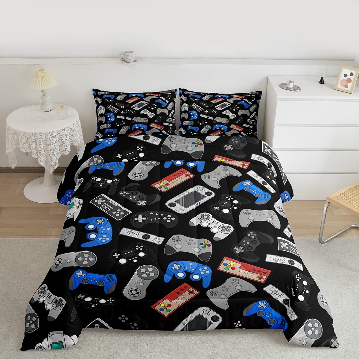 Erosebridal Teens Gamepad Bedding Set, Modern Gamer Down Comforter Full Size for Kids Boys Children Youth, Video Game Comforter Set Player Gaming Joystick Duvet Insert for Bedroom, Black Blue