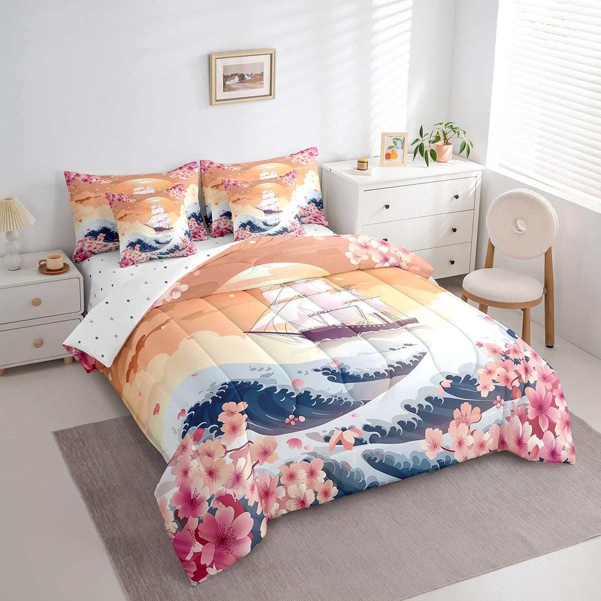 Erosebridal Japanese Ocean Waves Queen Bedding Set,Nautical Sailboat Comforter Set 7 Piece,Pink Cherry Blossom Bed in a Bag Sailing Boat Pirate Bed Set with Fitted Sheet,Flat Sheet,Pillowcases