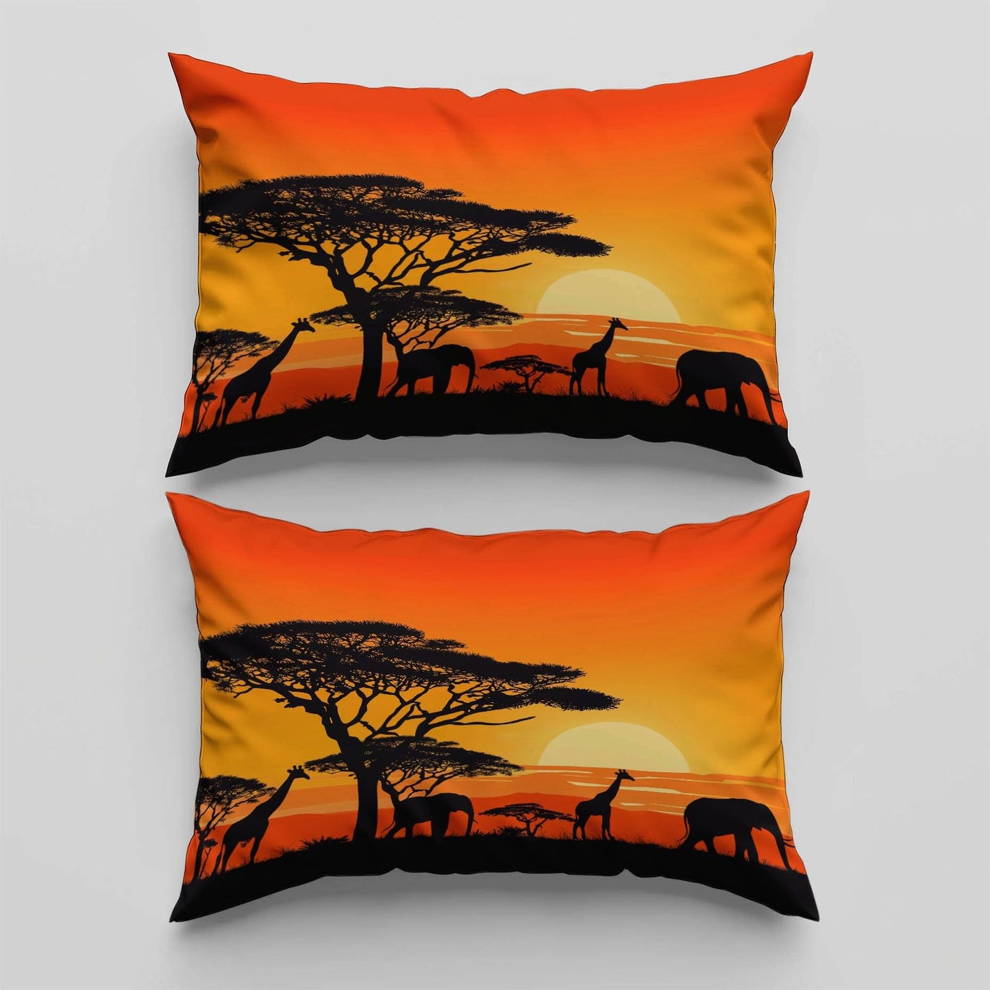 Retro Animals Grassland Sunset Duvet Cover Set Queen (90 x 90 in) Ultra Soft Orange Color Print Bedding Set with 2 Pillowcase, Breathable Comforter Cover for Teens Adults Kids