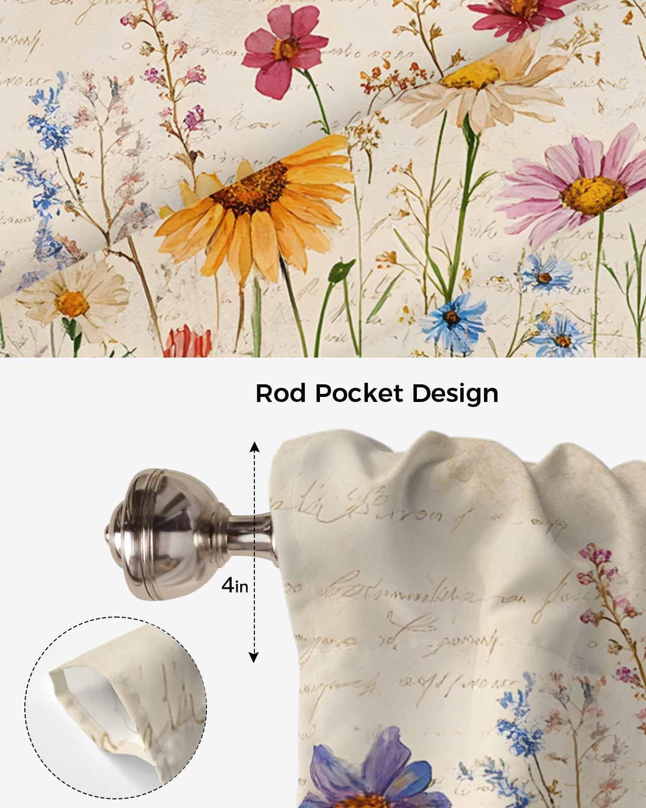 Botanical Floral Tie Up Curtains for Small Windows, Adjustable Rod Pocket Purple Pink Yellow Wildflowers Valance 45 Inch Short for Bathroom Kitchen, Retro Spring Balloon Roman Blind Shade, 34" x 45"