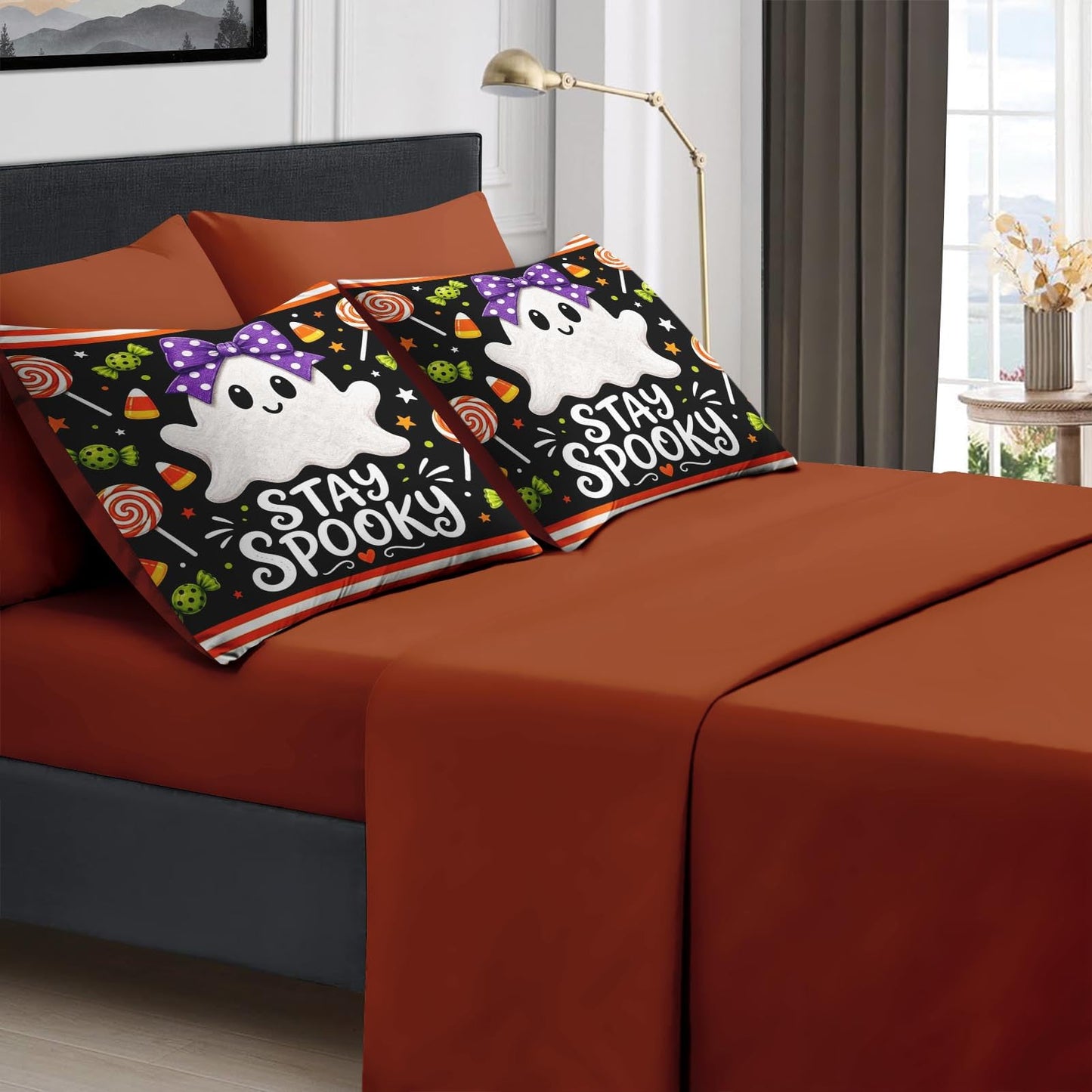 Boewywh Comforter Set Twin Size Halloween Ghost Spooky 7 Pcs, Bedding for Kids and Adults, Bed Sheet Sets with Fitted Sheet 2 Pillowcases & 2 Shams for Bedroom Bed Decor