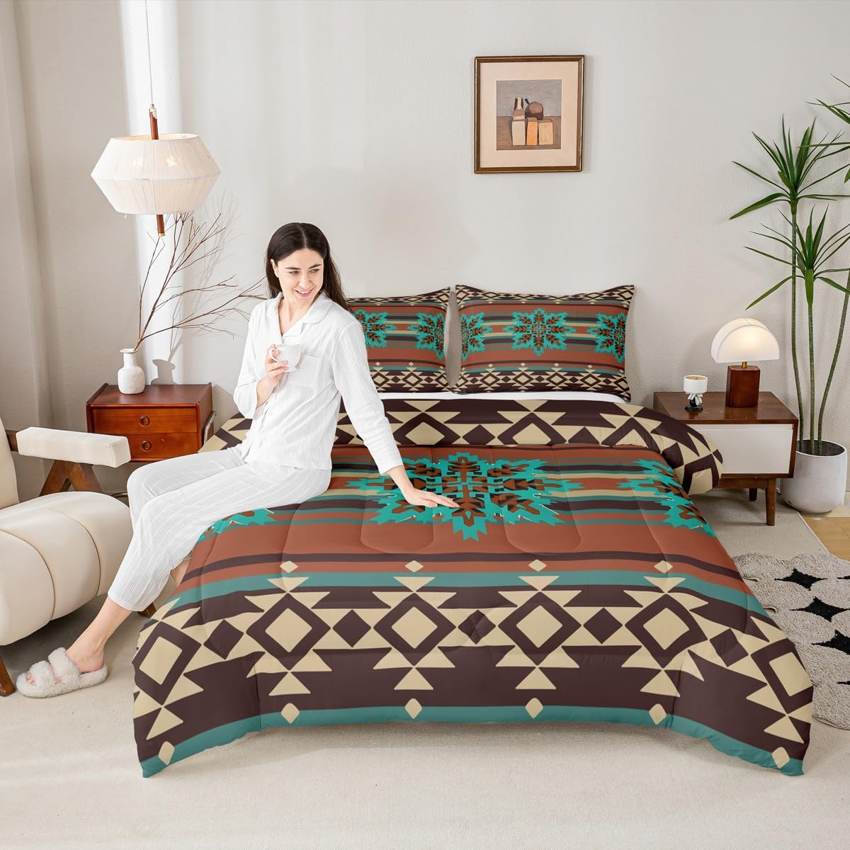 jejeloiu Western Aztec Bedding Set Soft for Boys Girls, Native American Comforter Set Queen Size Geometric Duvet Quilt Microfiber Boho Bedroom Decor 3 Pcs with 2 Pillow Cases