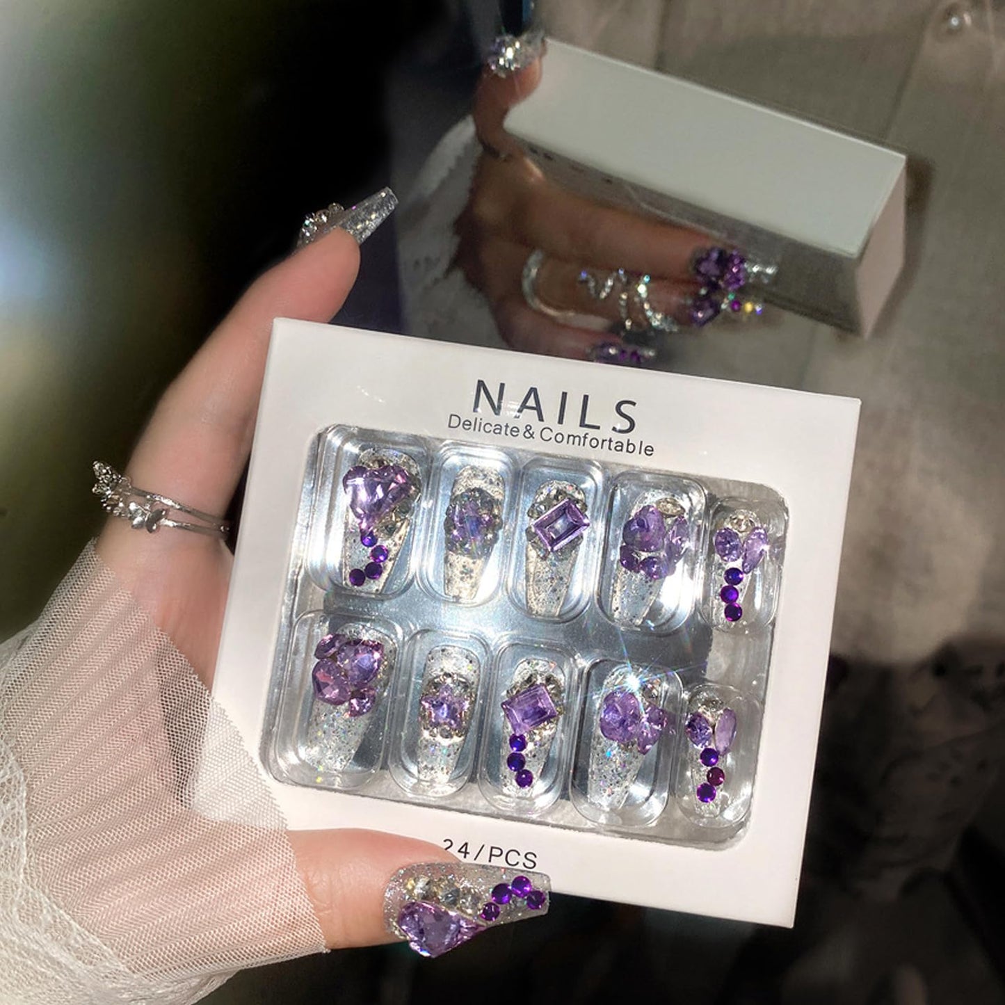 IMSOHOT Purple Press on Nails Long Coffin Fake Nails Glossy Acrylic False Nails with Bling Rhinestone Designs Glitter Glossy White Artificial Beallerina Handmade Reusable Stick on Nails