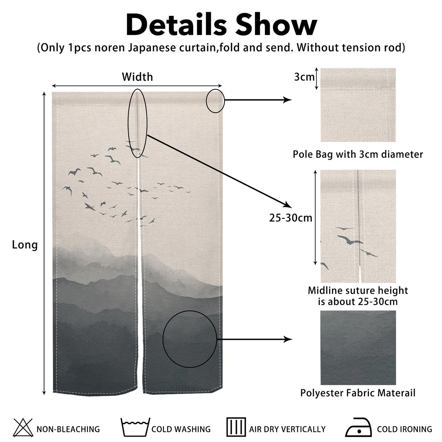 Leowefowa Jappanese Noren Doorway Curtain Traditional Chinese Ink Painting Mountain Japanese Feng Shui Door Curtain Tapestry Window Treatment Panel Room Door Divider Kitchen Home Decor, 33.5"x 70.9"