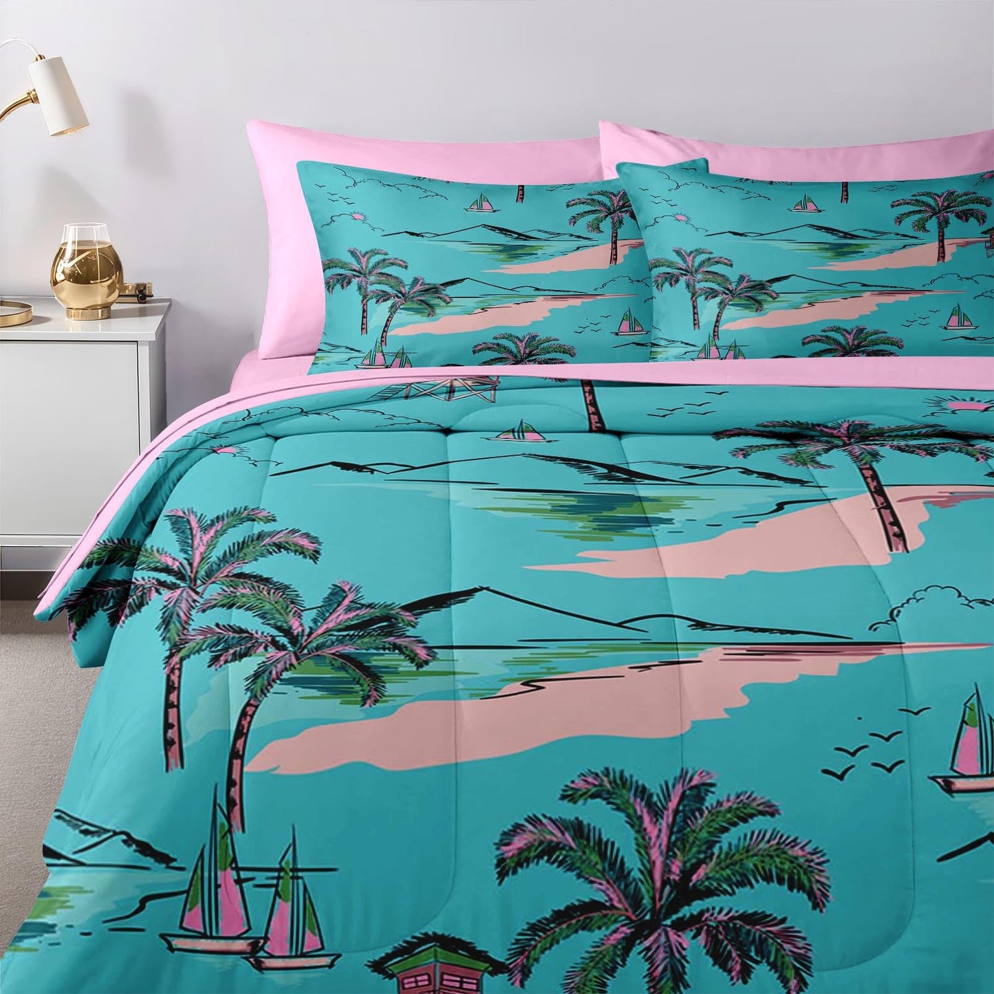 Nesker 7 Pcs Comforter Set Queen Size, Hawaiian Sweet Palm Leaf Bedding Set for Kids and Adults, Beach Ocean Blue-Green Sheets Bed Sheet Sets with Fitted Sheet 2 Pillowcases & 2 Shams