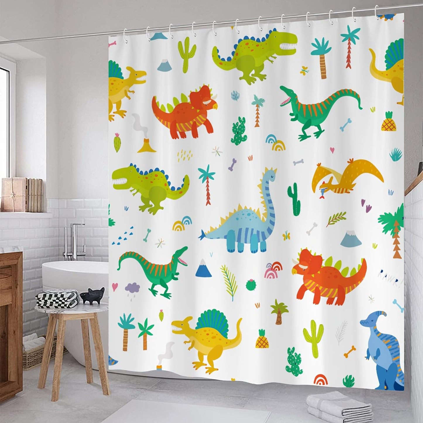 DDS-DUDES Dinosaur Bathroom Shower Curtain Set, Funny Dino for Kids Shower Curtain, Water Repellent Fabric Shower Curtains with Hooks 71x71 inches