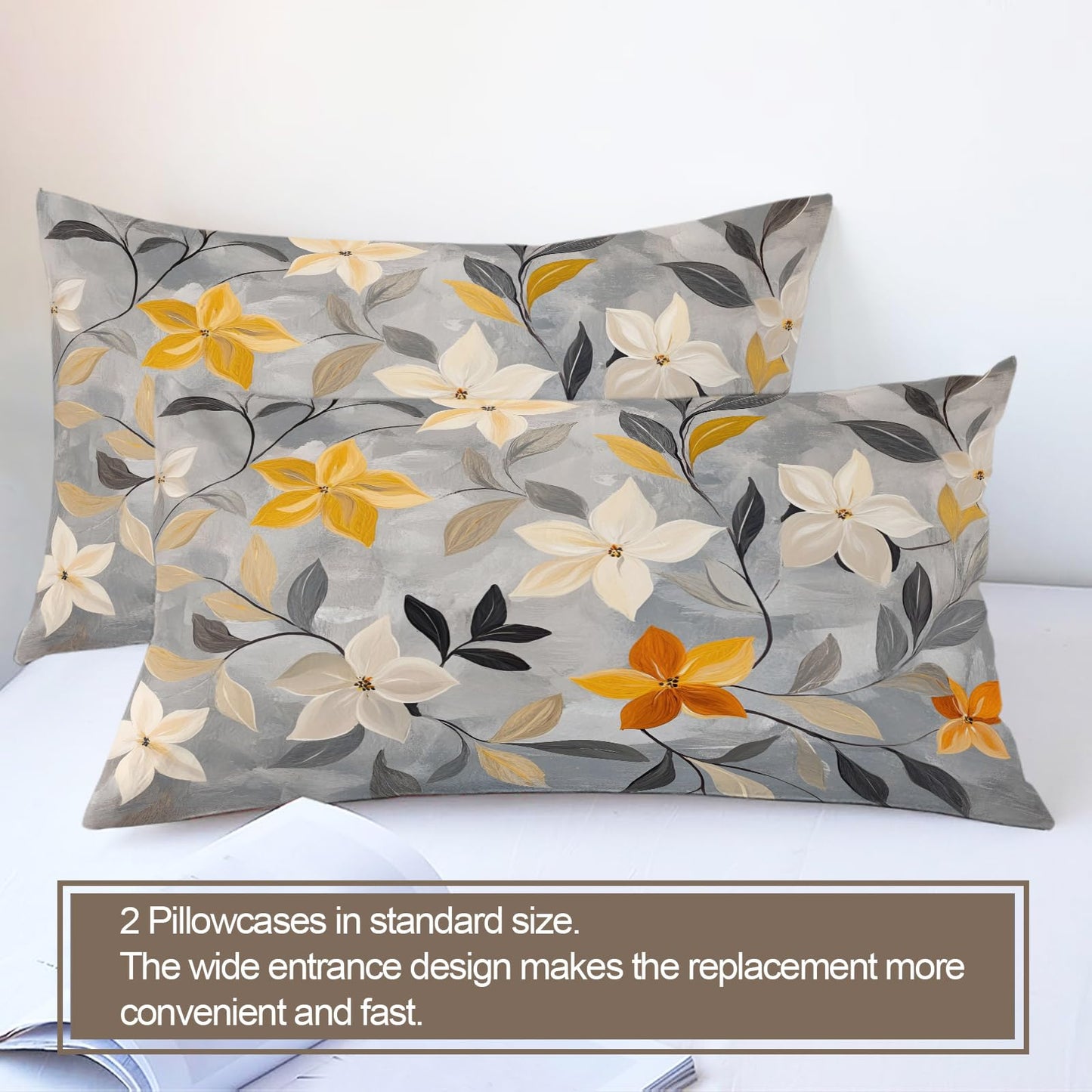 PAISUOQ Floral Bedding Sets, Nordic Floral Duvet Cover Queen, Rustic Gray Comforter Cover with Zipper Ties, 3 Pieces with 2 Pillowcases, Home Decor & Gifts