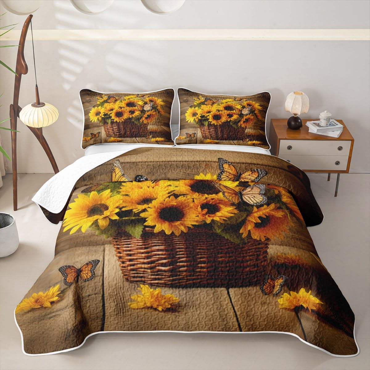 Erosebridal Girl Sunflower Quilt Set Twin Butterfly Bedding Coverlet Yellow Floral Bedspread with 1 Pillowcase All Season Romantic Garden Style Soft Bed Lightweight Comforter
