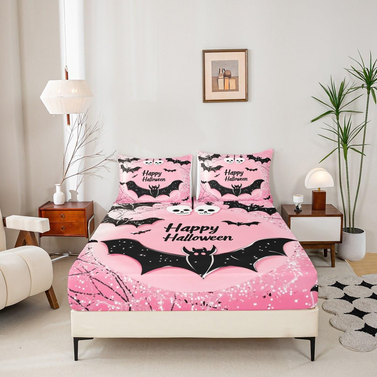 Feelyou Kids Happy Halloween Bed Sheet Set Full Size, Black Bat Bedding Set Boys Girls Pink Fitted Sheet Spider Web Teens Bedroom Decor Lightweight Bed Set (No Flat Sheet)