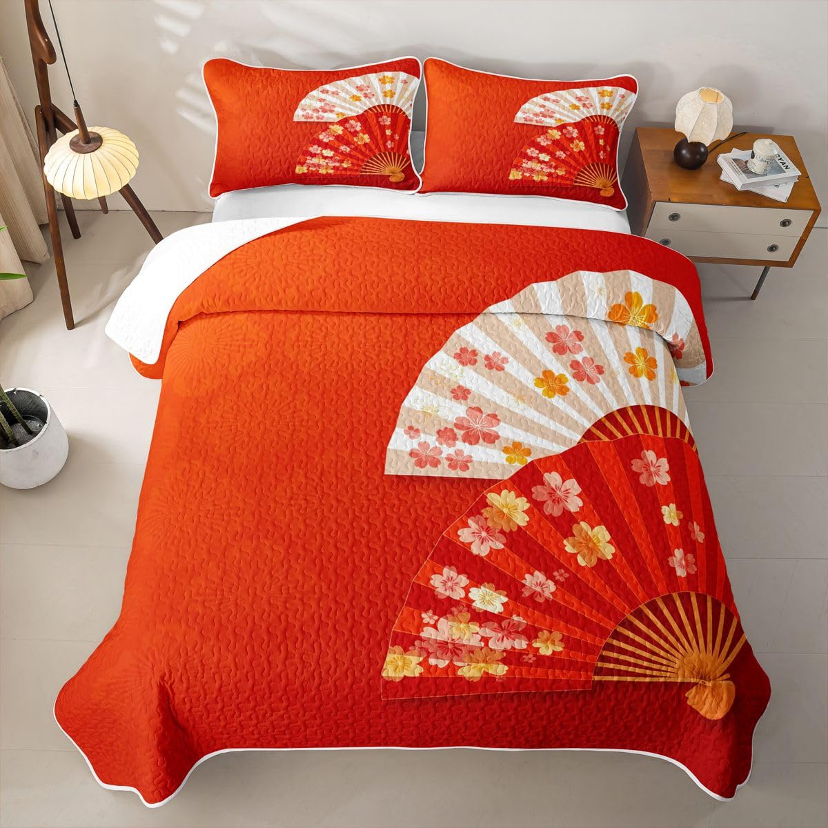 Erosebridal Japanese Red Quilts Twin Size - Folding Fans Bedspread Coverlet Set, Sakura Cherry Blossom Gift Quilt Coverlets 2Pcs (Only 1 Pillowcase)