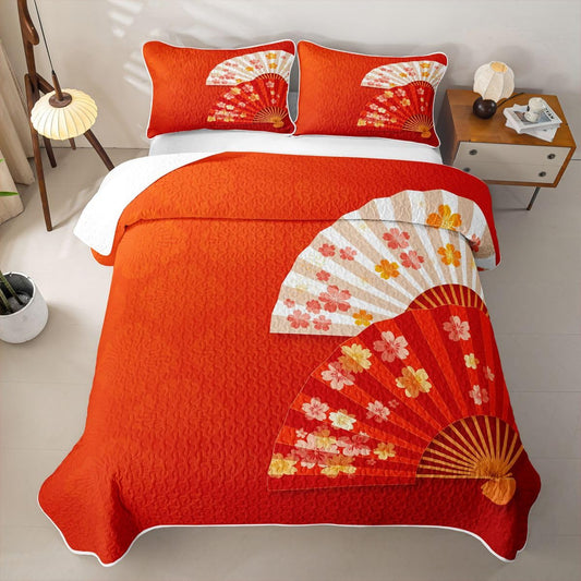 Erosebridal Japanese Red Quilts Twin Size - Folding Fans Bedspread Coverlet Set, Sakura Cherry Blossom Gift Quilt Coverlets 2Pcs (Only 1 Pillowcase)