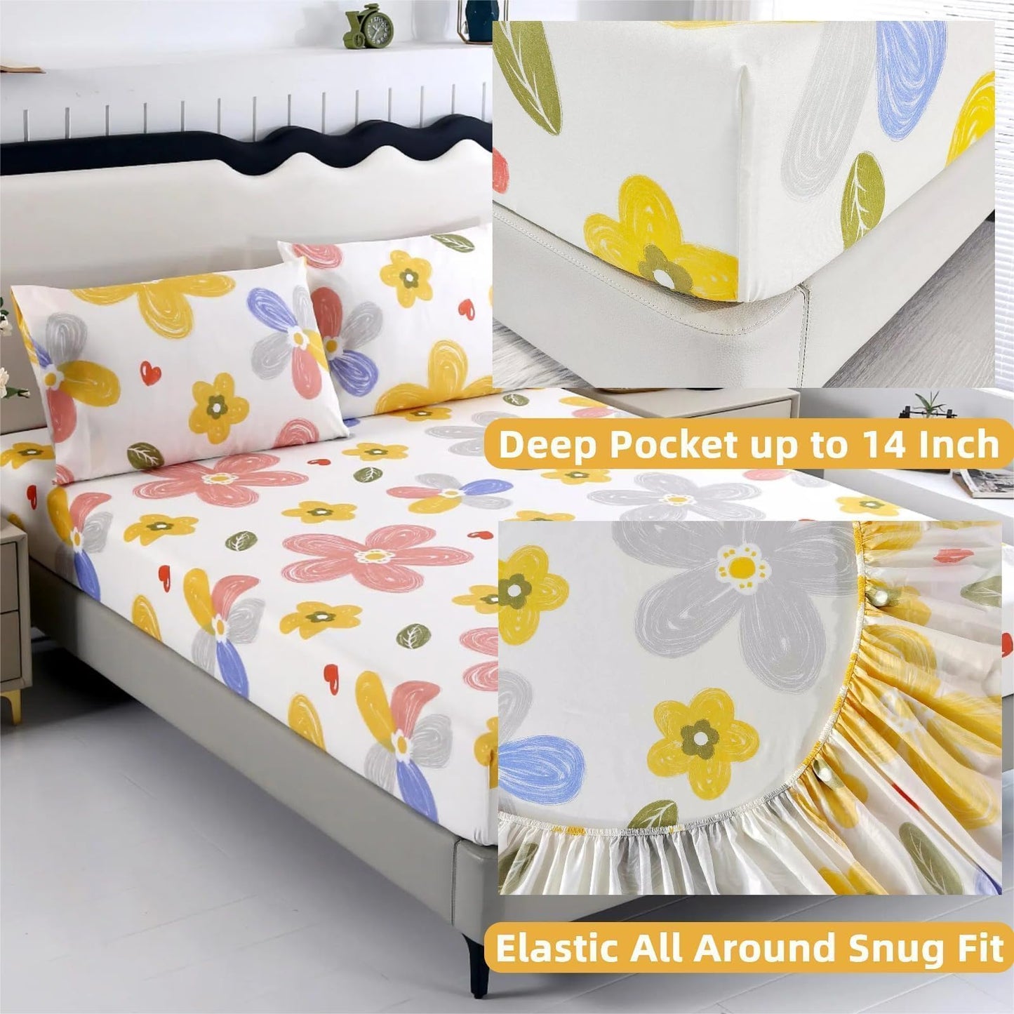 SDIII Colorful Floral Queen Fitted Sheet with 2 Pillowcases, Deep Pocket Soft Microfiber Queen Sheet Floral All Season