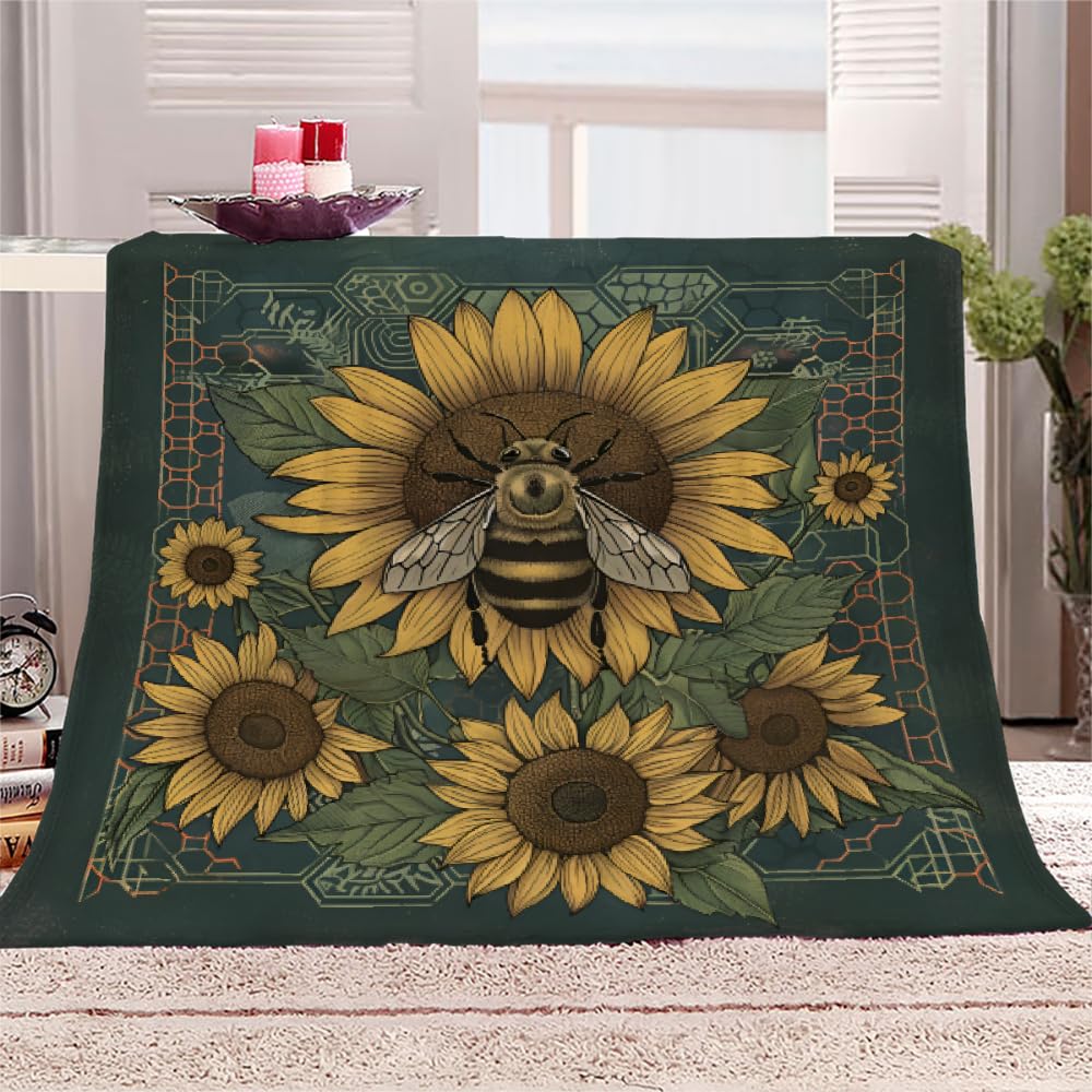 PAOABIU Sunflower Blanket Throw, Bee Floral Throw Blanket for Couch, Yellow Flowers Breathable Warm Bed Throw, Geometric Green Lightweight Fleece Blanket Kids 30"x 40" Camping & Travel Blanket